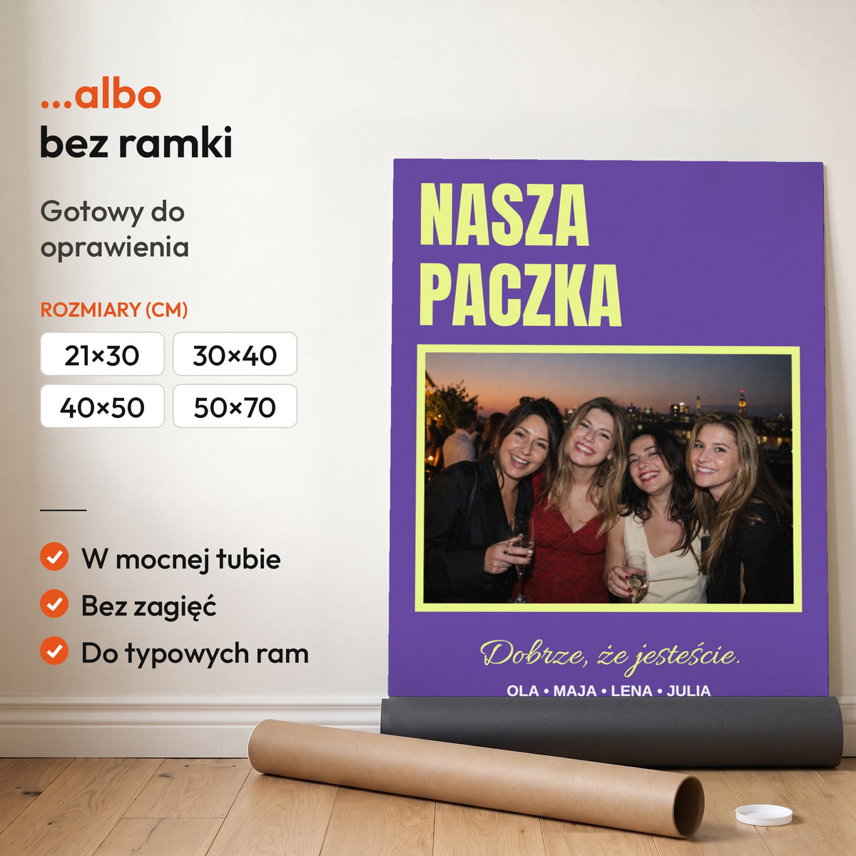 Nasza Paczka — plakat bez ramki, gotowy do oprawienia: rozwinięty z rolki, obok tuba do wysyłki. C-PL-HEART-30-2130-NF