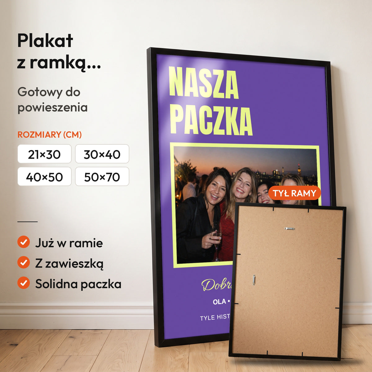 Nasza Paczka — plakat z ramką, gotowy do powieszenia: czarna rama od przodu i tył ramy z zawieszką. C-PL-HEART-30-2130-NF
