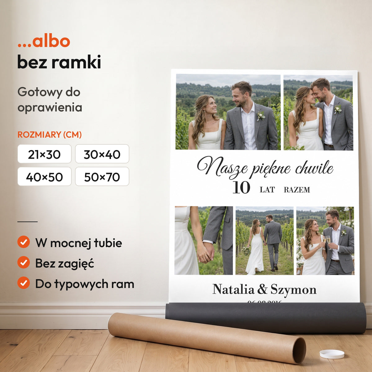 Nasze Chwile — plakat bez ramki, gotowy do oprawienia: rozwinięty z rolki, obok tuba do wysyłki. C-PL-HEART-14-2130-NF