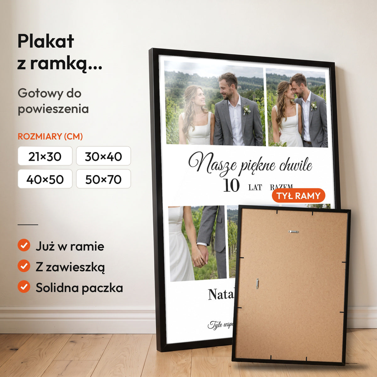 Nasze Chwile — plakat z ramką, gotowy do powieszenia: czarna rama od przodu i tył ramy z zawieszką. C-PL-HEART-14-2130-NF