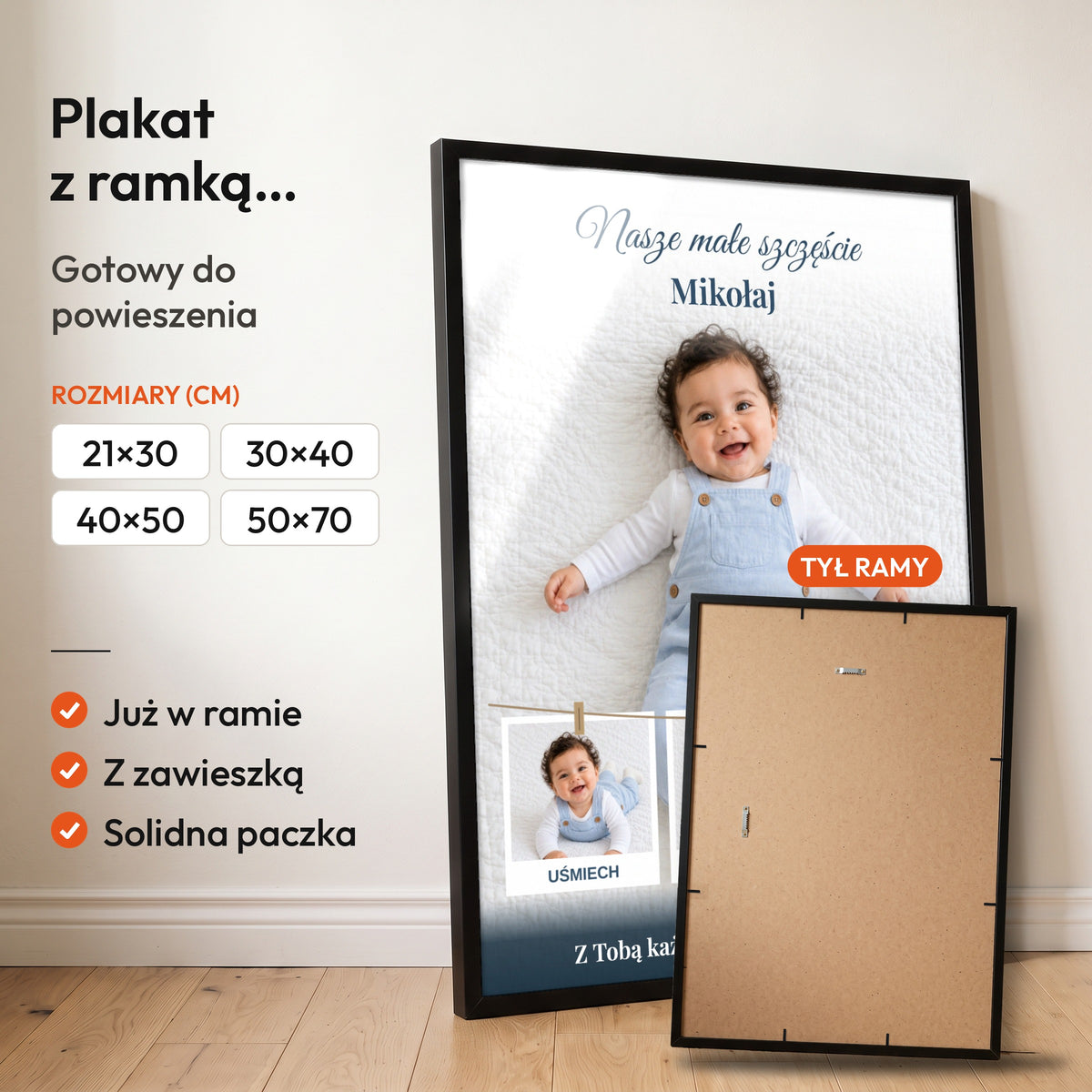 Nasze Małe Szczęście — plakat z ramką, gotowy do powieszenia: czarna rama od przodu i tył ramy z zawieszką. C-PL-BABY-3-2130-NF