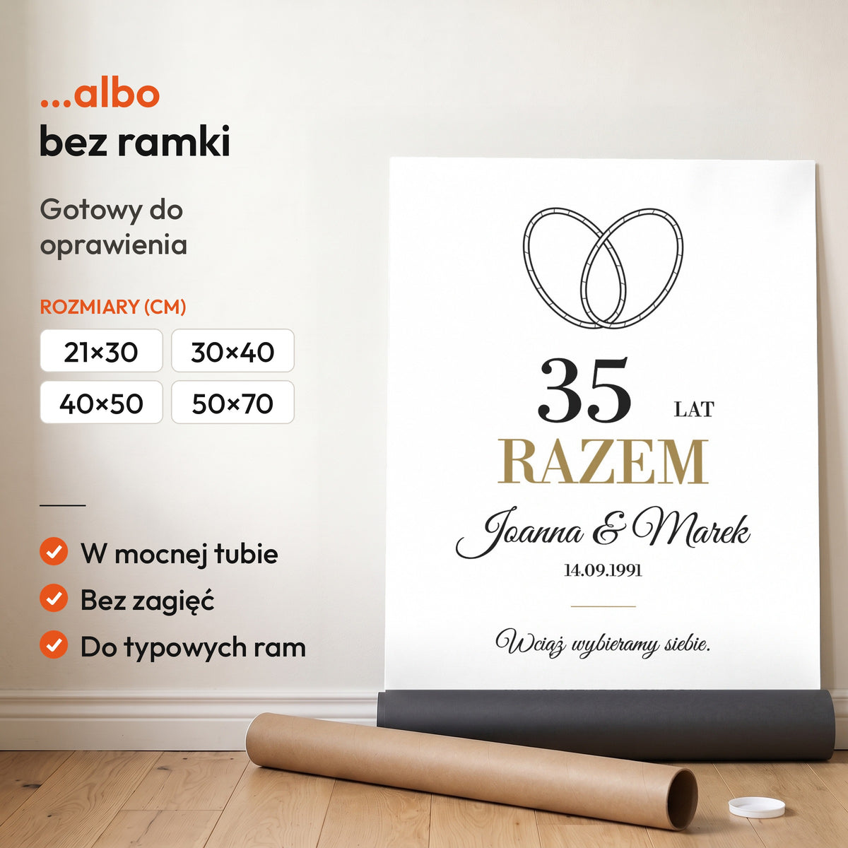 Obrączki Na Zawsze — plakat bez ramki, gotowy do oprawienia: rozwinięty z rolki, obok tuba do wysyłki. C-PL-HEART-15-2130-NF