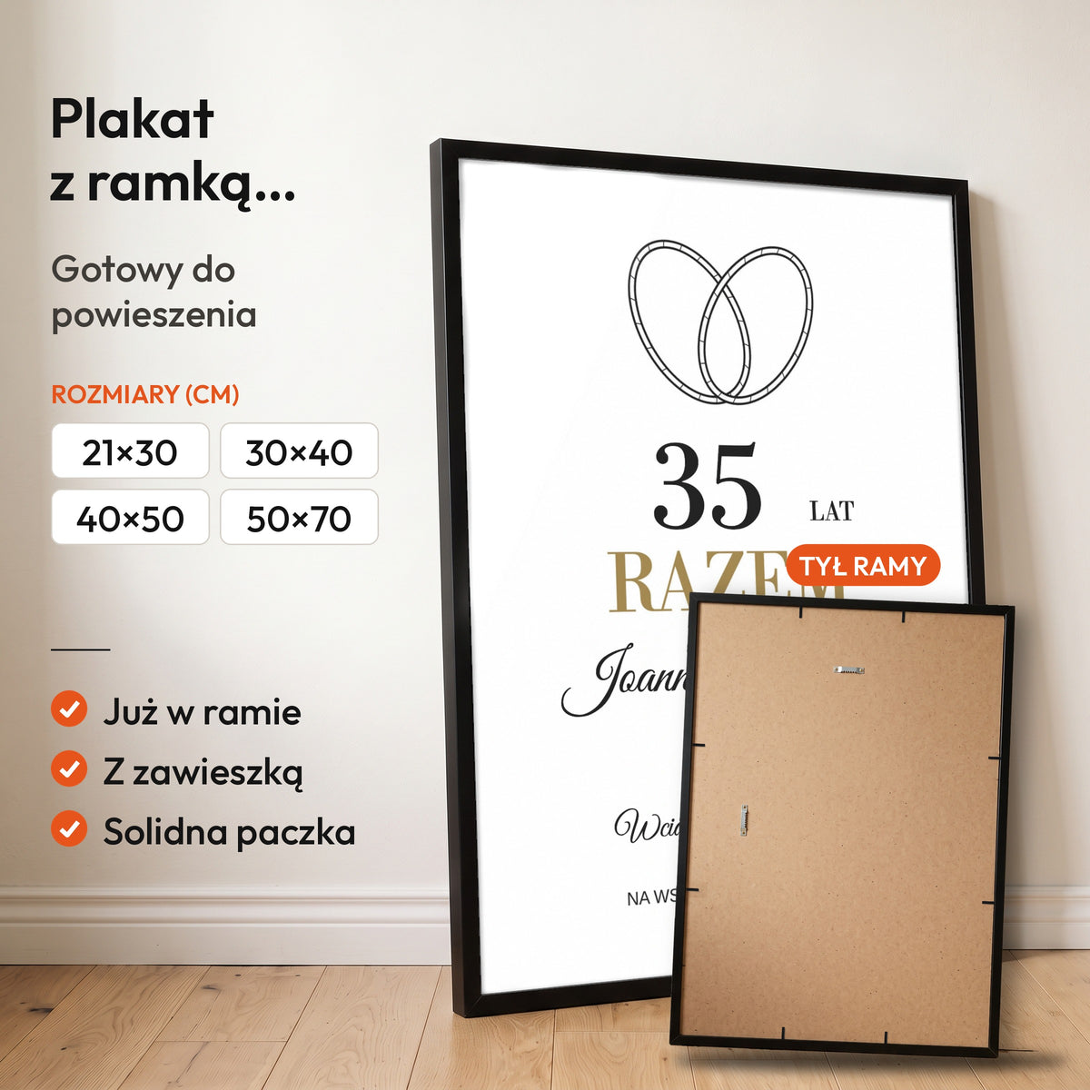 Obrączki Na Zawsze — plakat z ramką, gotowy do powieszenia: czarna rama od przodu i tył ramy z zawieszką. C-PL-HEART-15-2130-NF