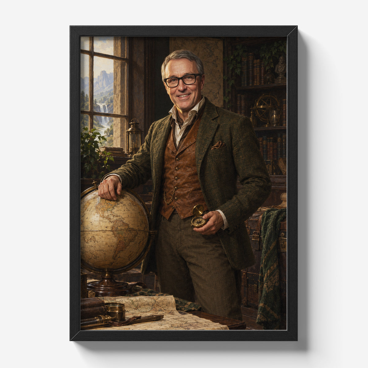Odkrywca Świata — plakat ze zdjęcia w czarnej ramie na jasnym tle, z portretem mężczyzny w stroju podróżnika, z globusem i kompasem w bibliotece.