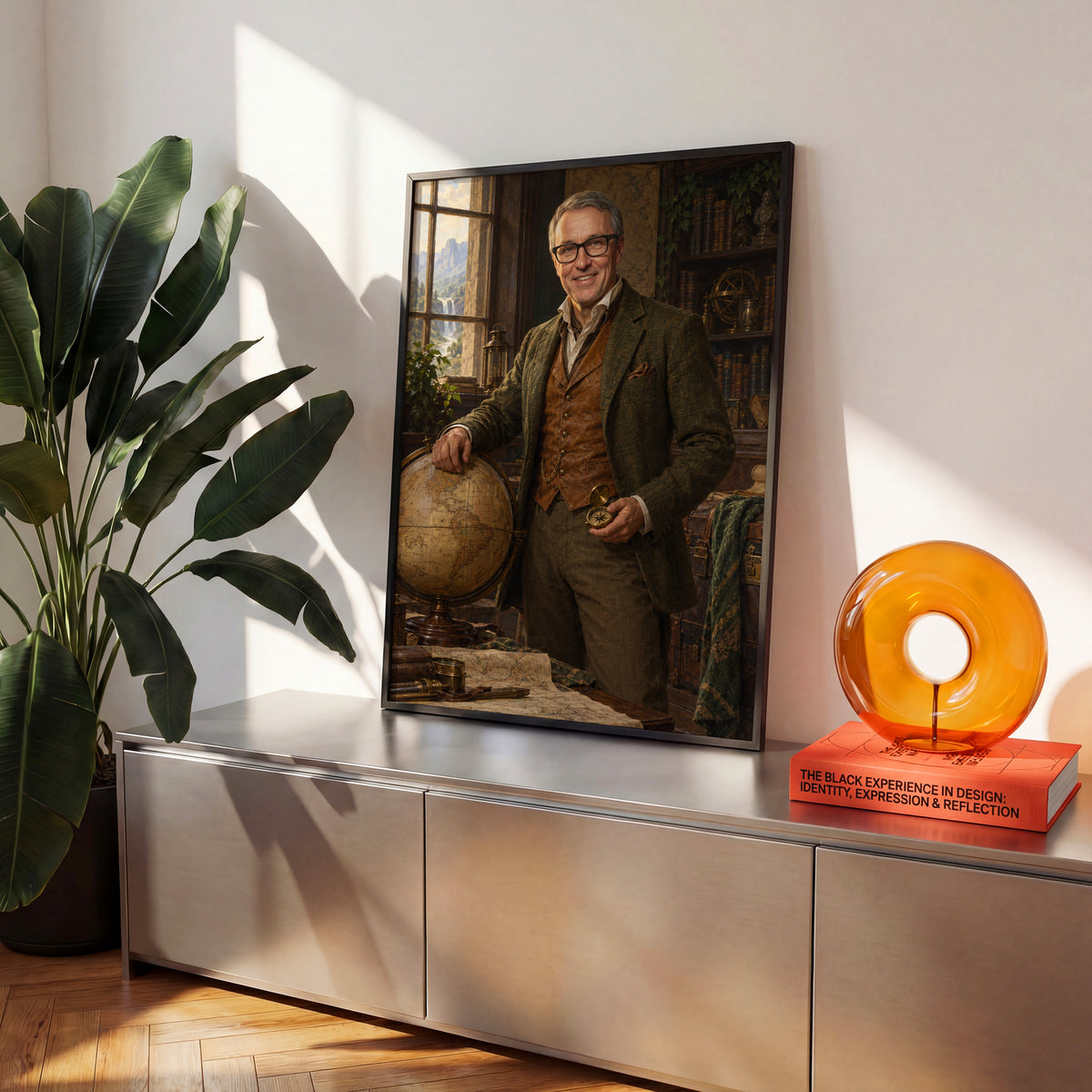 Odkrywca Świata — plakat w czarnej ramie na komodzie we wnętrzu, z portretem mężczyzny w stroju podróżnika, z globusem i kompasem w bibliotece. C-PL-ROY-20-2130-NF