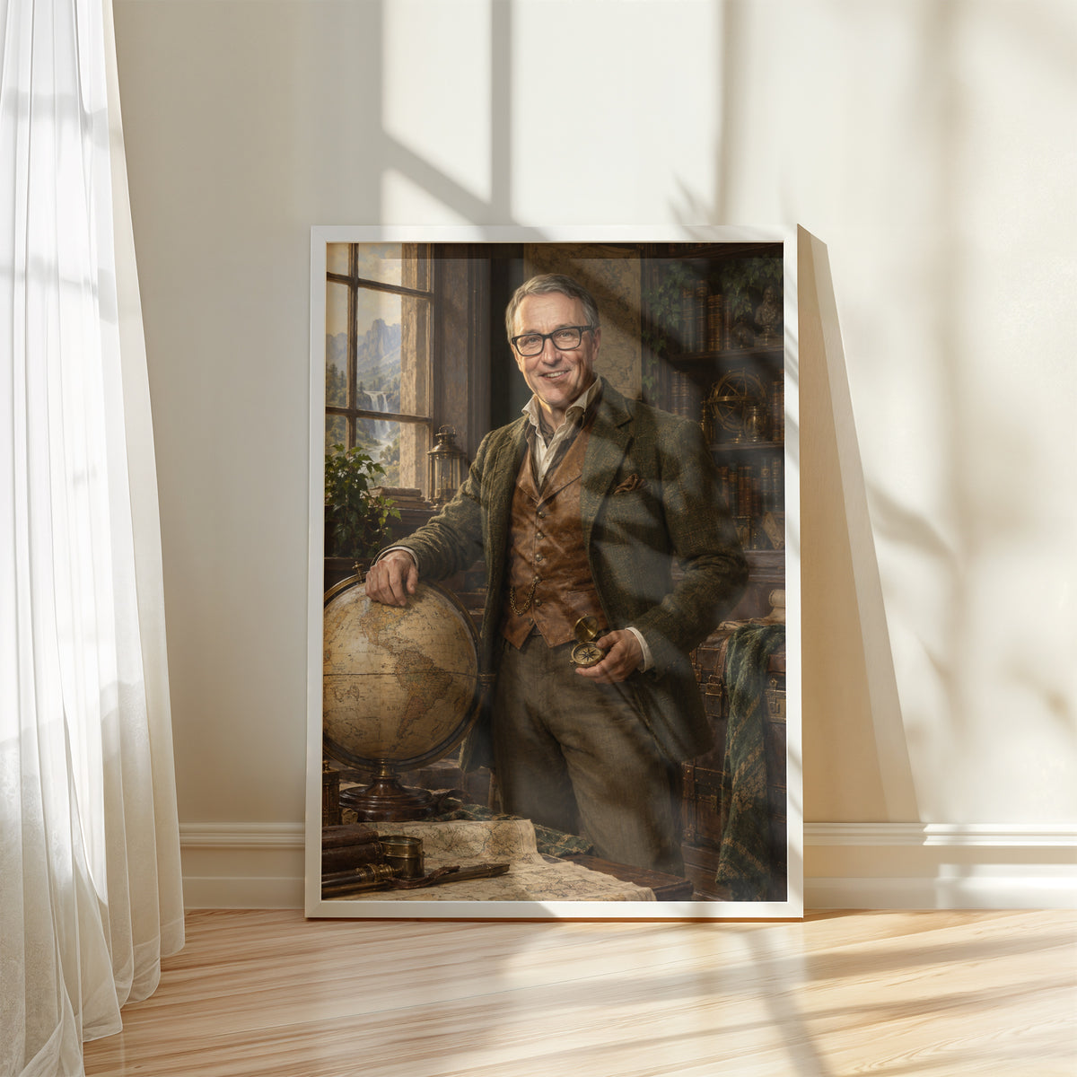 Odkrywca Świata — plakat w białej ramie przy oknie, z portretem mężczyzny w stroju podróżnika, z globusem i kompasem w bibliotece. C-PL-ROY-20-2130-NF