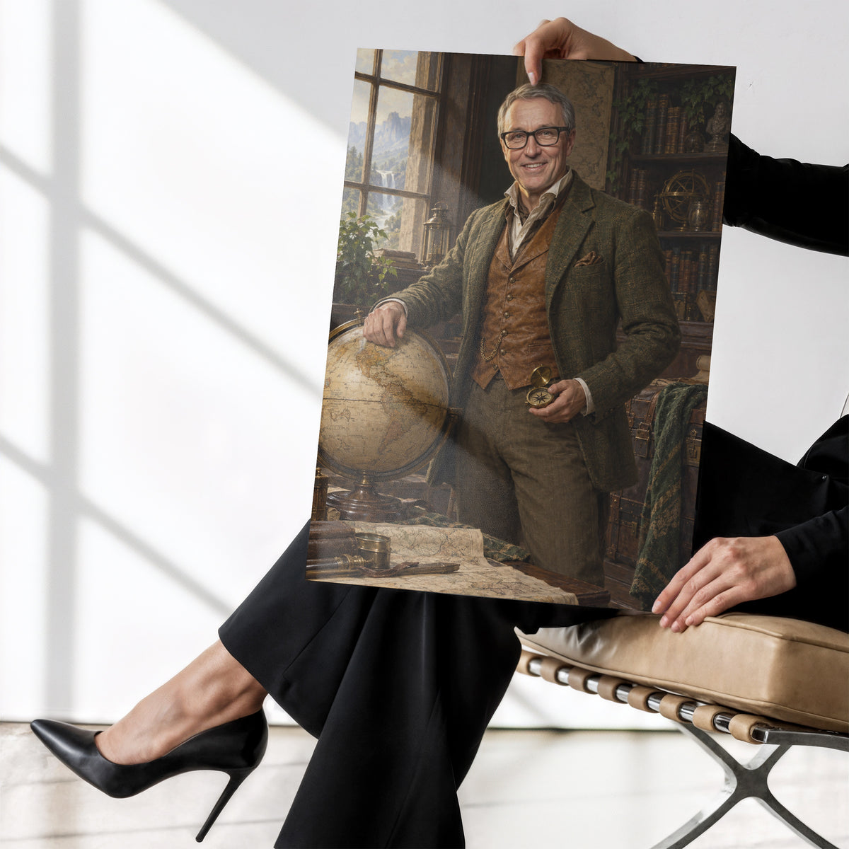 Odkrywca Świata — plakat bez ramki trzymany w dłoniach, z portretem mężczyzny w stroju podróżnika, z globusem i kompasem w bibliotece. C-PL-ROY-20-2130-NF