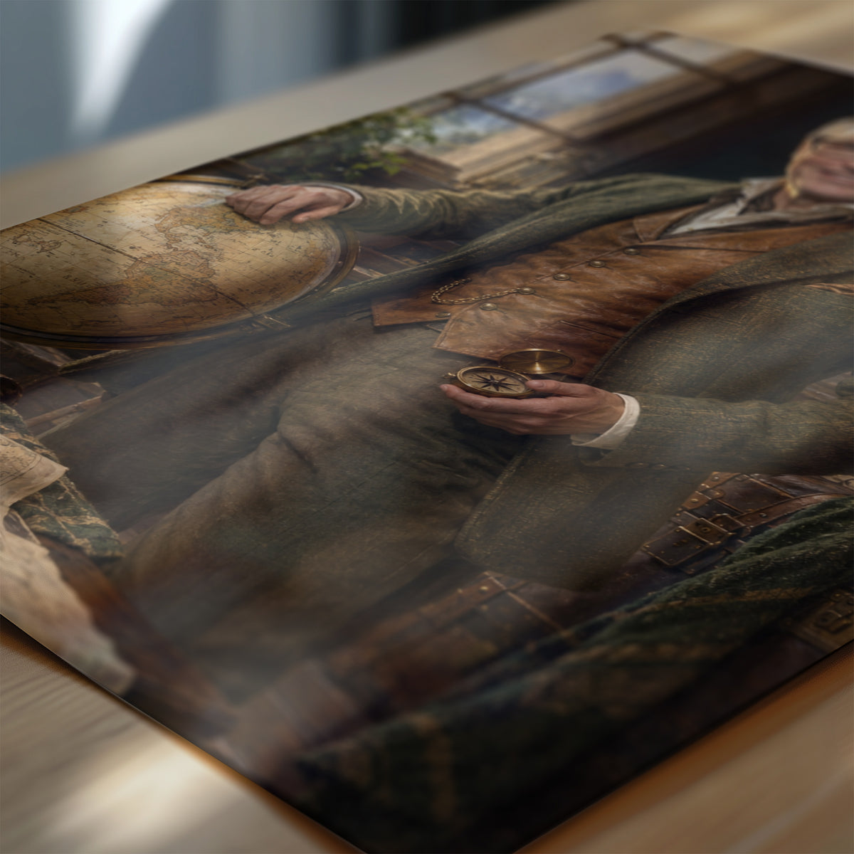 Zbliżenie plakatu Odkrywca Świata: detale malarskiego kostiumu, rekwizytów i tła na papierze fotograficznym. C-PL-ROY-20-2130-NF