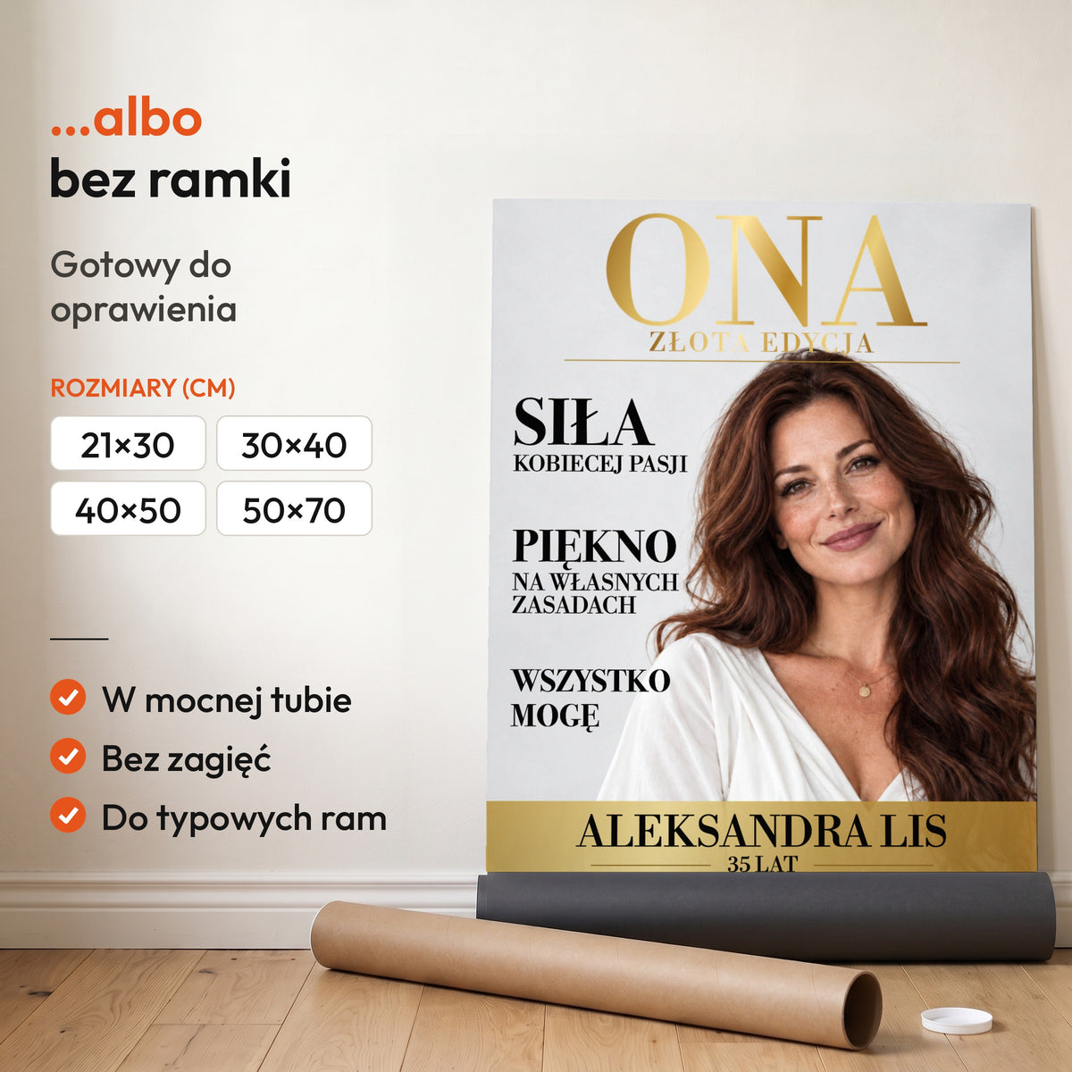 ONA — plakat bez ramki, gotowy do oprawienia: rozwinięty z rolki, obok tuba do wysyłki. C-PL-COVMAG-14-2130-NF