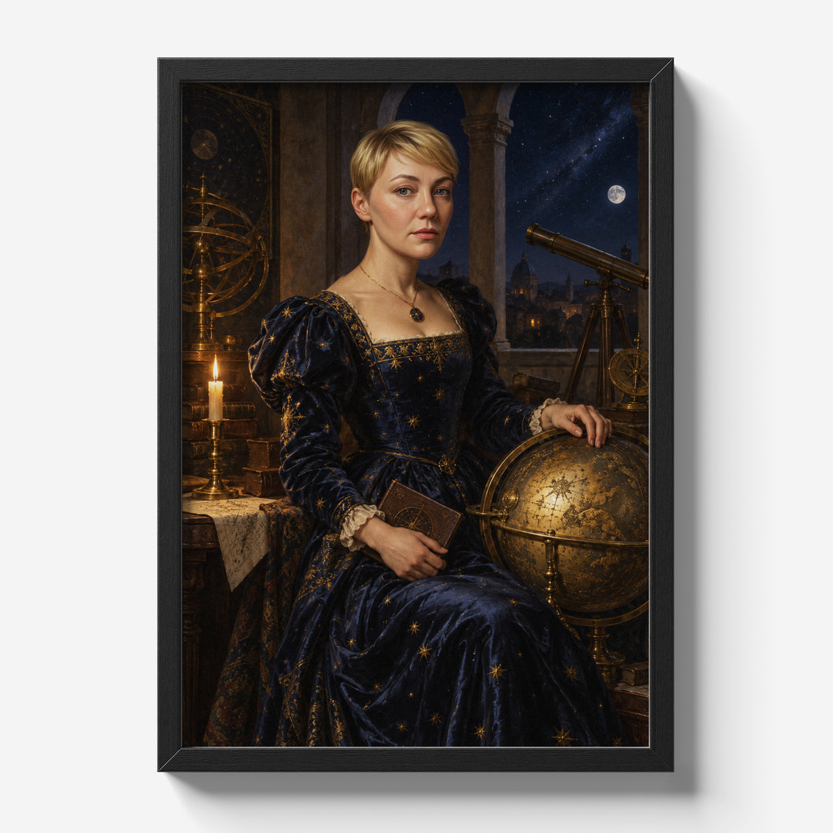 Pani Gwiazd — plakat ze zdjęcia w czarnej ramie na jasnym tle, z portretem kobiety w granatowej sukni, przy globusie i teleskopie w obserwatorium.