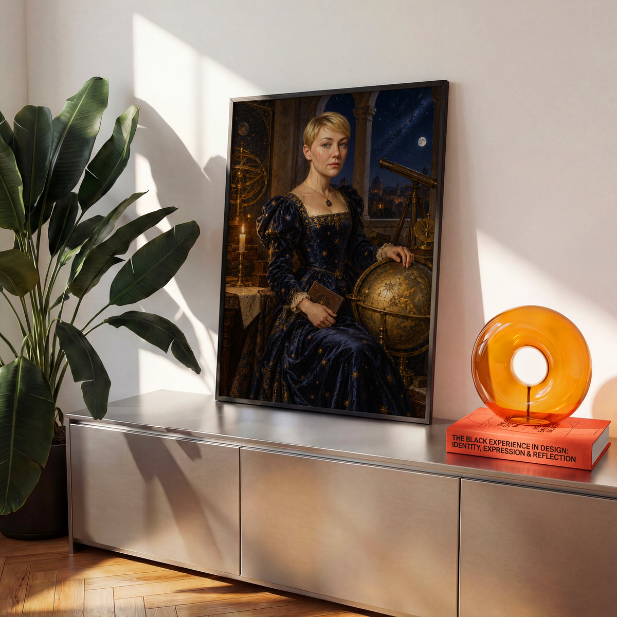 Pani Gwiazd — plakat w czarnej ramie na komodzie we wnętrzu, z portretem kobiety w granatowej sukni, przy globusie i teleskopie w obserwatorium. C-PL-ROY-17-2130-NF
