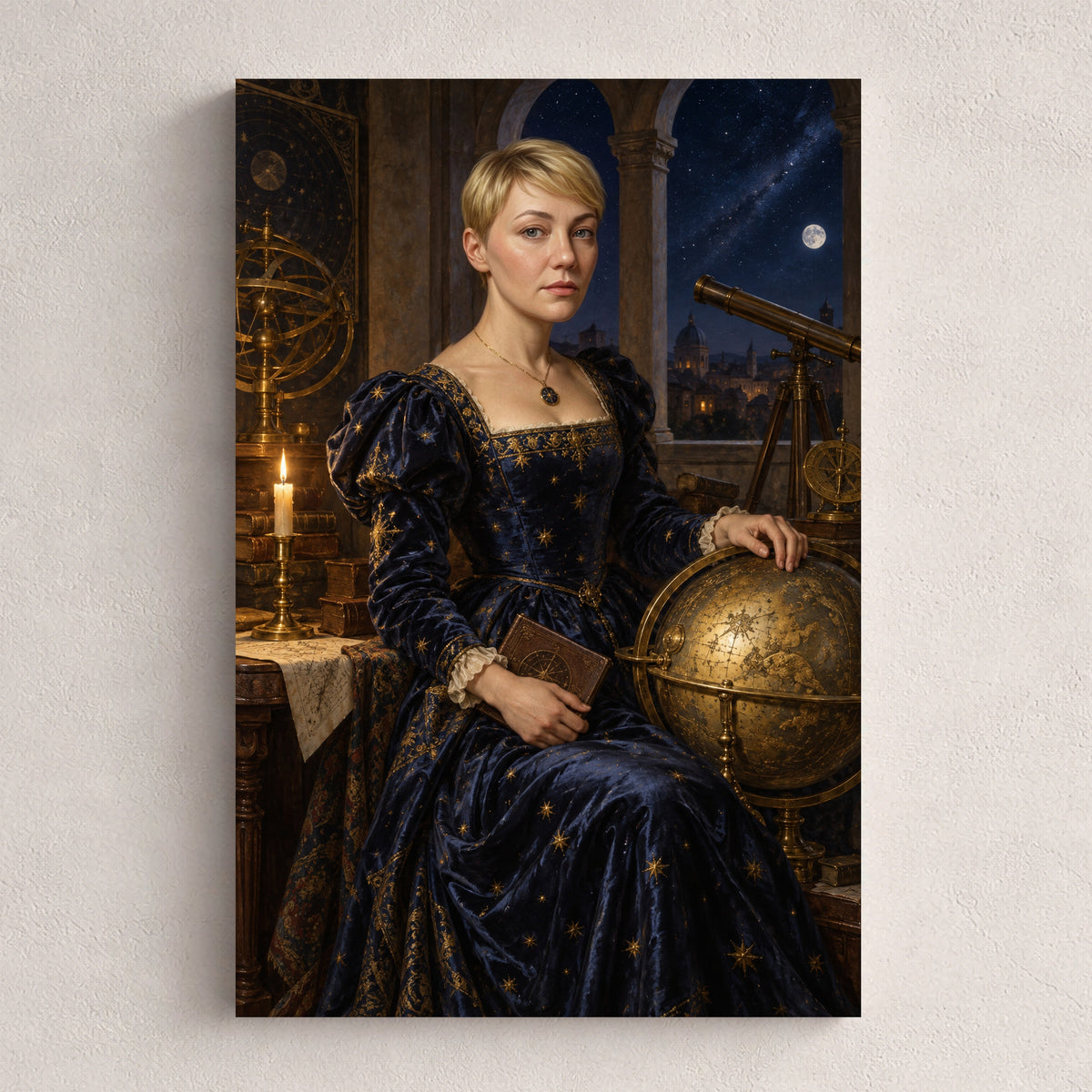 Pani gwiazd — personalizowany portret ze zdjęcia na płótnie, przykład obrazu w rozmiarze 20×30 cm na jasnej ścianie.