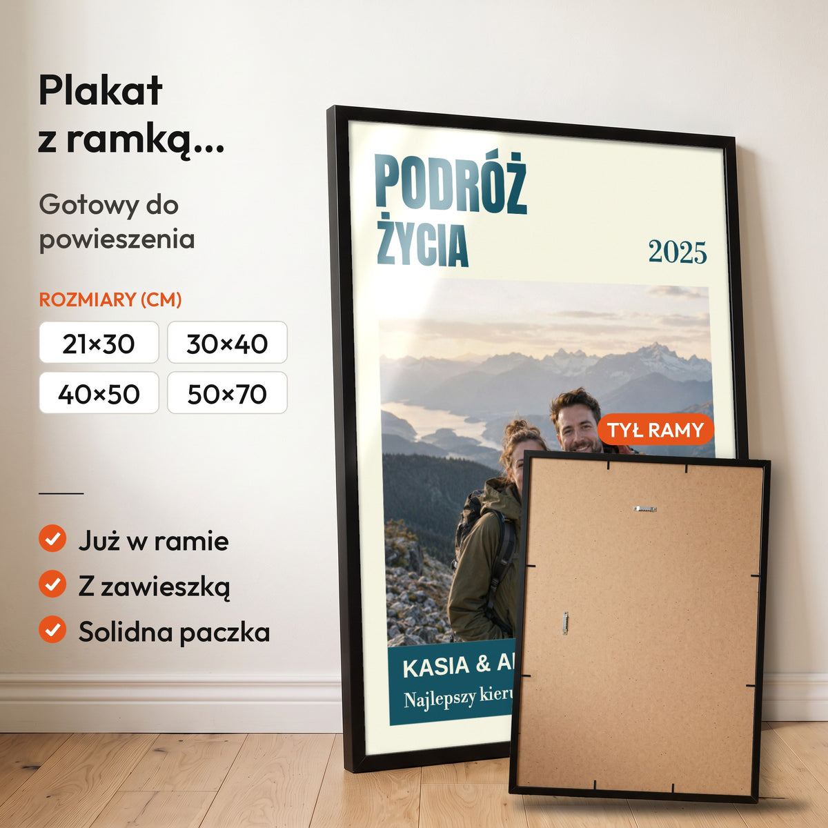 PODRÓŻ ŻYCIA — plakat z ramką, gotowy do powieszenia: czarna rama od przodu i tył ramy z zawieszką. C-PL-HEART-28-2130-NF