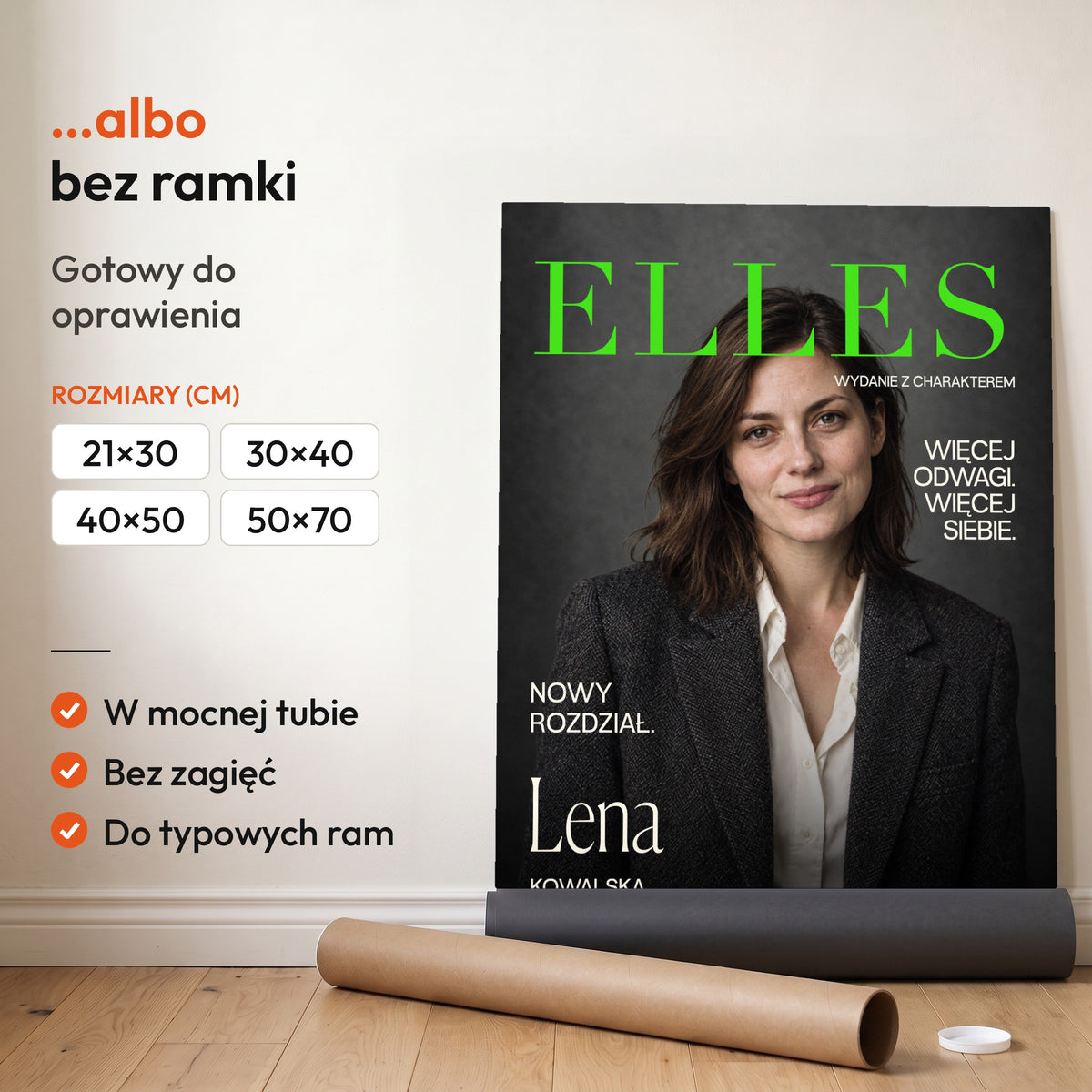 Elles Nowy Rozdział — plakat bez ramki, gotowy do oprawienia: rozwinięty z rolki, obok tuba do wysyłki. C-PL-COVMAG-38-2130-NF