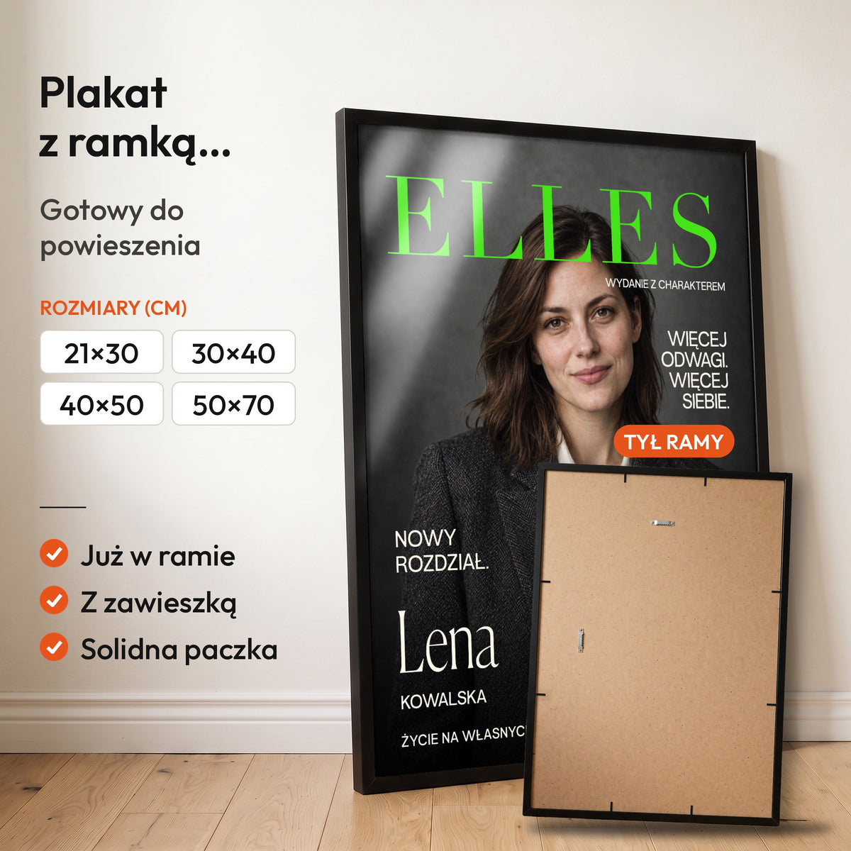 Elles Nowy Rozdział — plakat z ramką, gotowy do powieszenia: czarna rama od przodu i tył ramy z zawieszką. C-PL-COVMAG-38-2130-NF