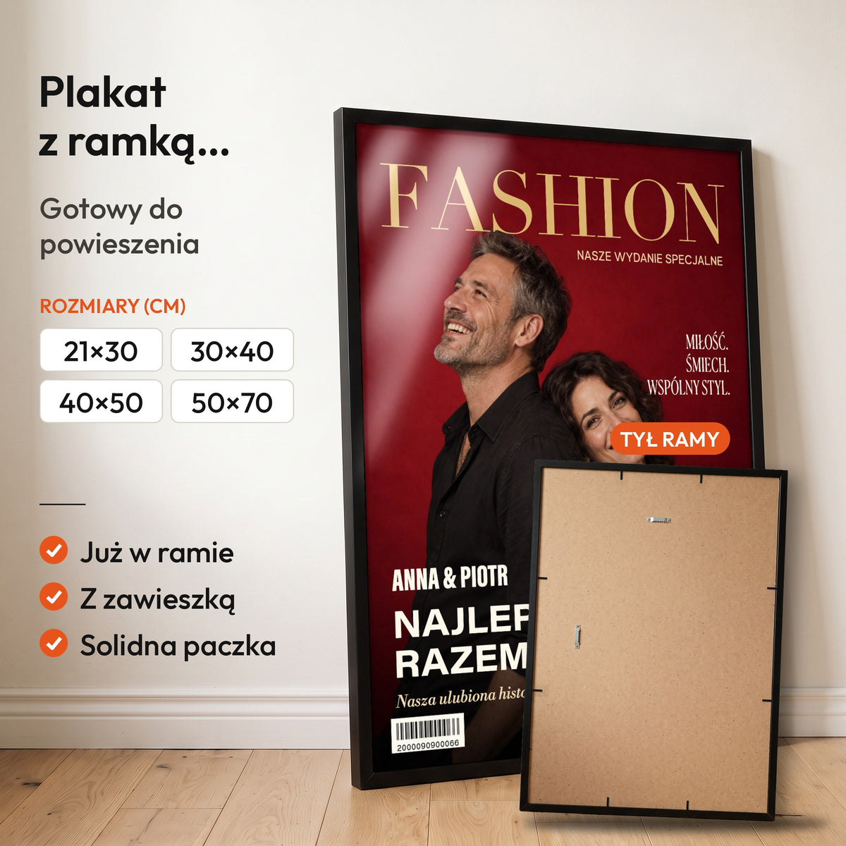 Fashion Dobrze Nam Razem — plakat z ramką, gotowy do powieszenia: czarna rama od przodu i tył ramy z zawieszką. C-PL-COVMAG-36-2130-NF