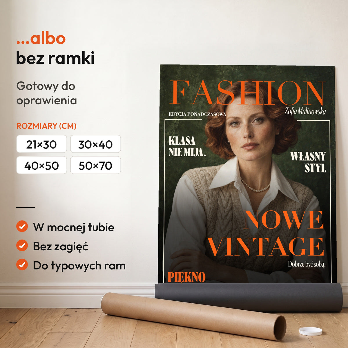 Fashion Nowe Vintage — plakat bez ramki, gotowy do oprawienia: rozwinięty z rolki, obok tuba do wysyłki. C-PL-COVMAG-40-2130-NF