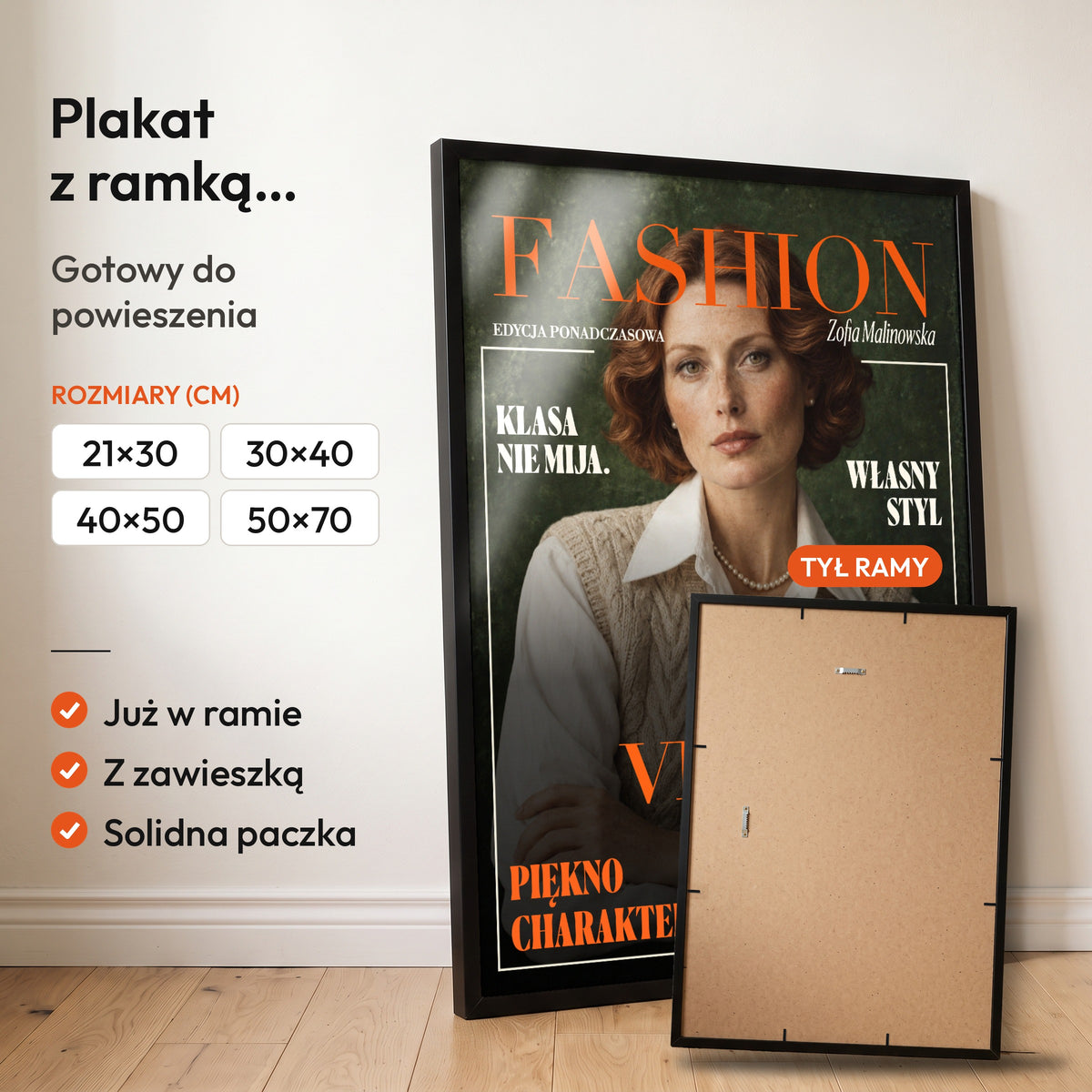 Fashion Nowe Vintage — plakat z ramką, gotowy do powieszenia: czarna rama od przodu i tył ramy z zawieszką. C-PL-COVMAG-40-2130-NF