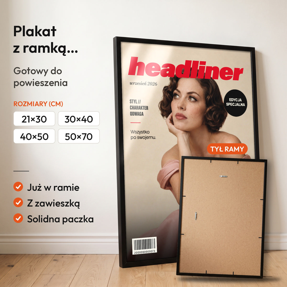 Headliner Własna Scena — plakat z ramką, gotowy do powieszenia: czarna rama od przodu i tył ramy z zawieszką. C-PL-COVMAG-37-2130-NF