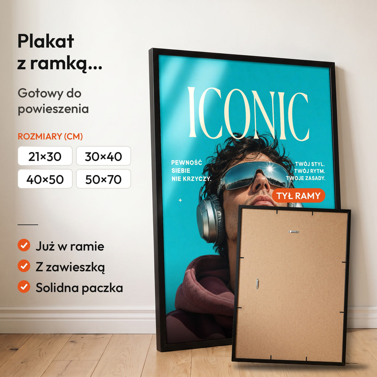 Iconic Bez Filtra — plakat z ramką, gotowy do powieszenia: czarna rama od przodu i tył ramy z zawieszką. C-PL-COVMAG-35-2130-NF