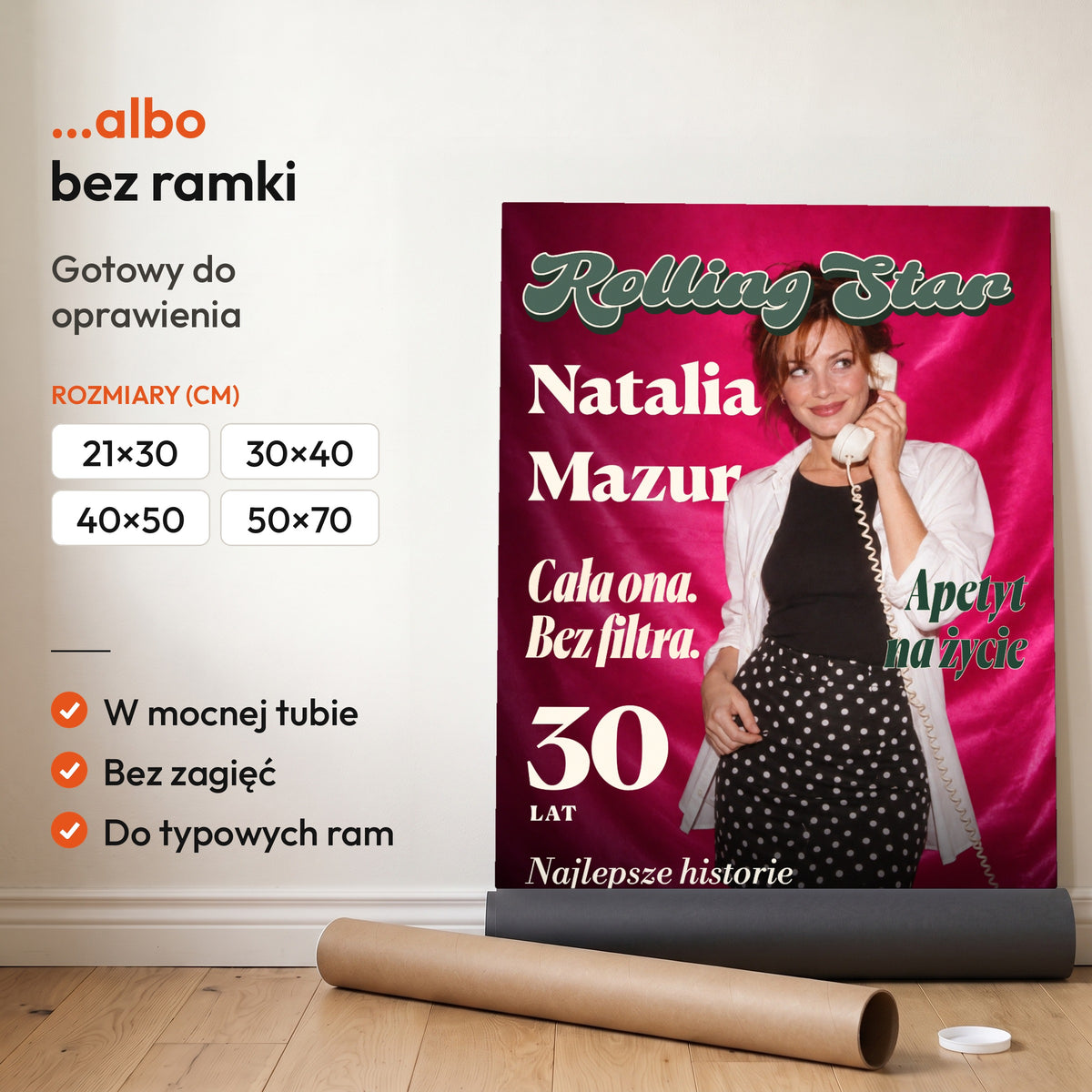 Rolling Star — plakat bez ramki, gotowy do oprawienia: rozwinięty z rolki, obok tuba do wysyłki. C-PL-COVMAG-31-2130-NF