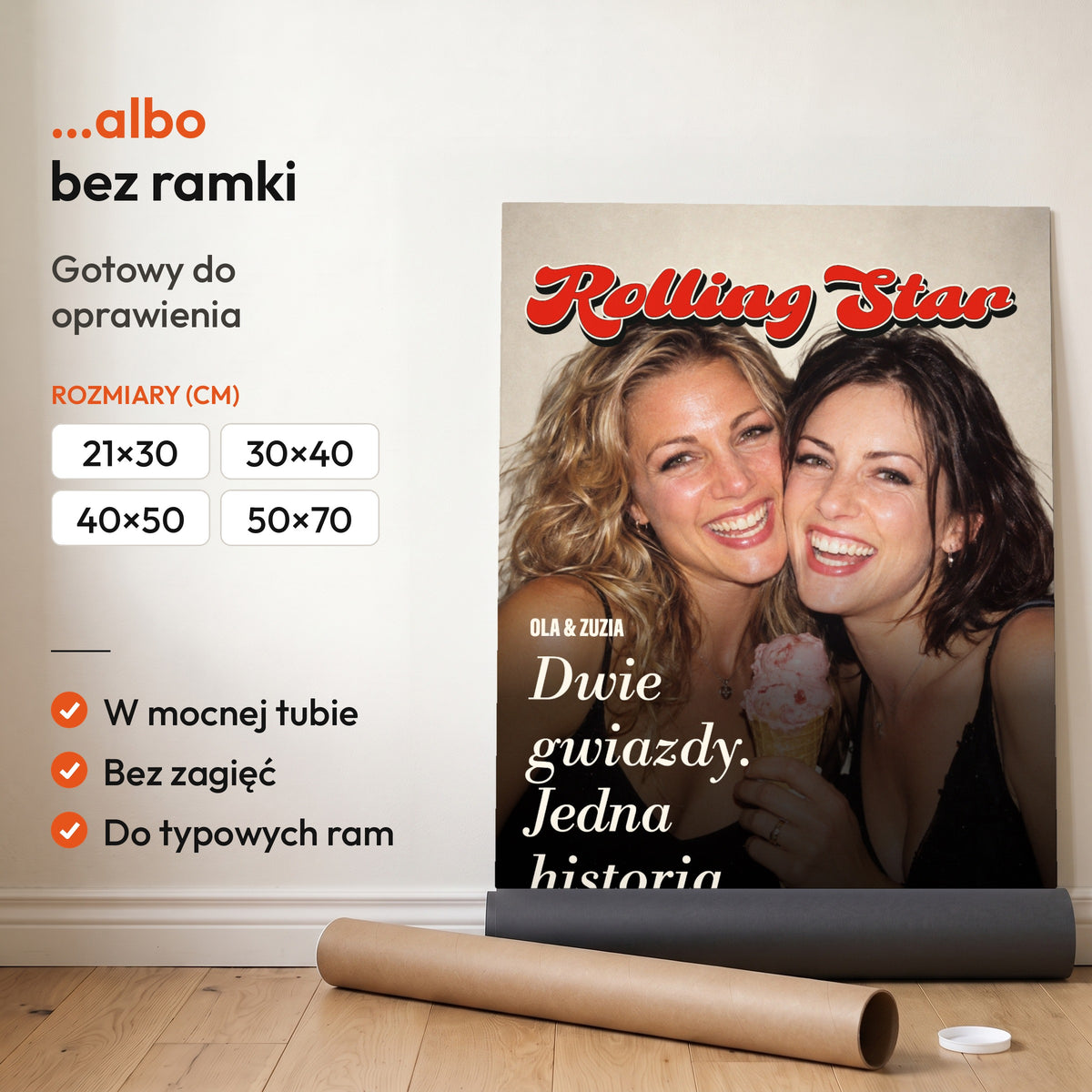 Rolling Star Dwie Gwiazdy — plakat bez ramki, gotowy do oprawienia: rozwinięty z rolki, obok tuba do wysyłki. C-PL-COVMAG-39-2130-NF