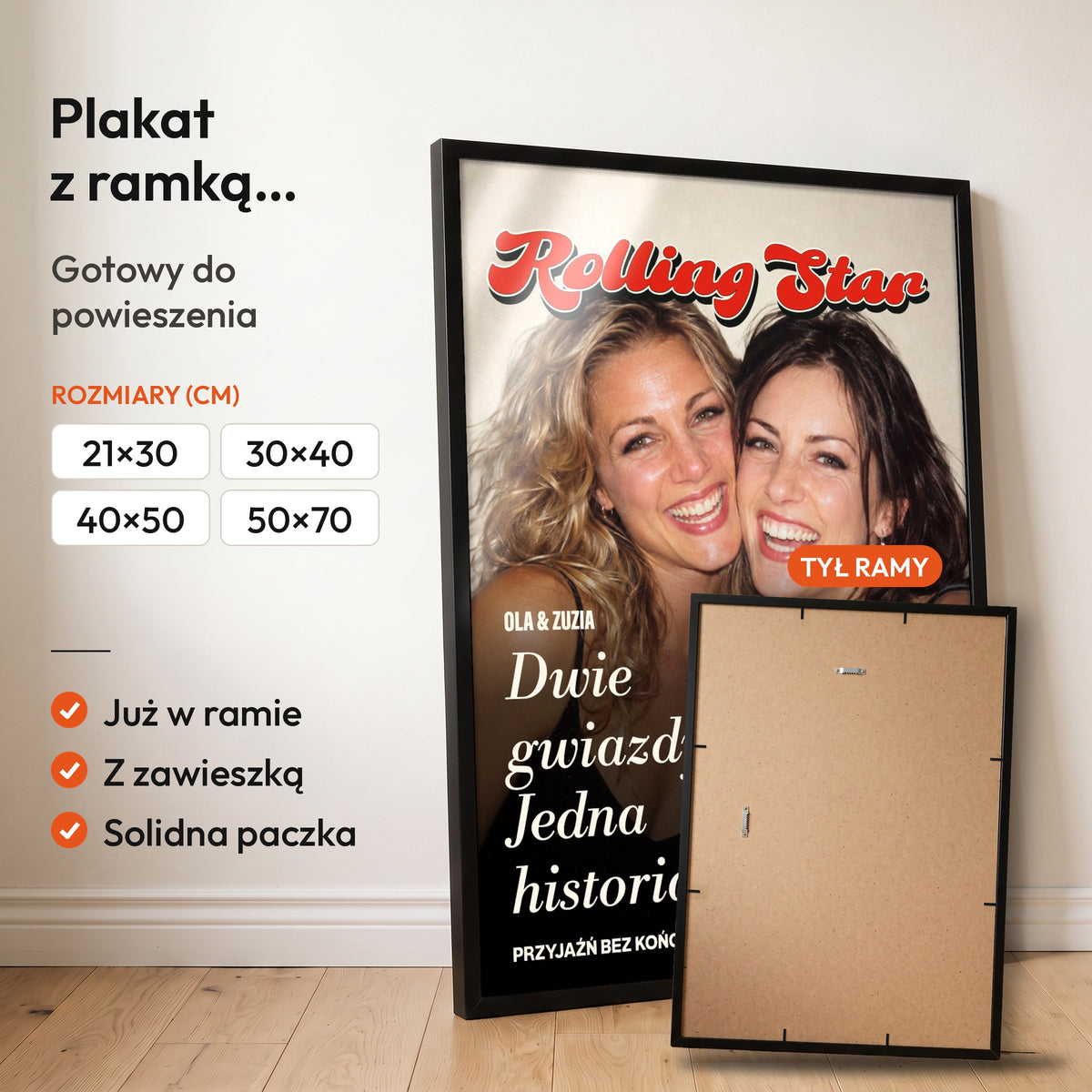 Rolling Star Dwie Gwiazdy — plakat z ramką, gotowy do powieszenia: czarna rama od przodu i tył ramy z zawieszką. C-PL-COVMAG-39-2130-NF