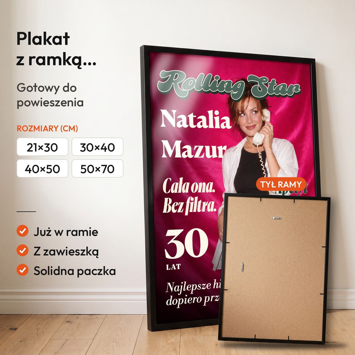 Rolling Star — plakat z ramką, gotowy do powieszenia: czarna rama od przodu i tył ramy z zawieszką. C-PL-COVMAG-31-2130-NF