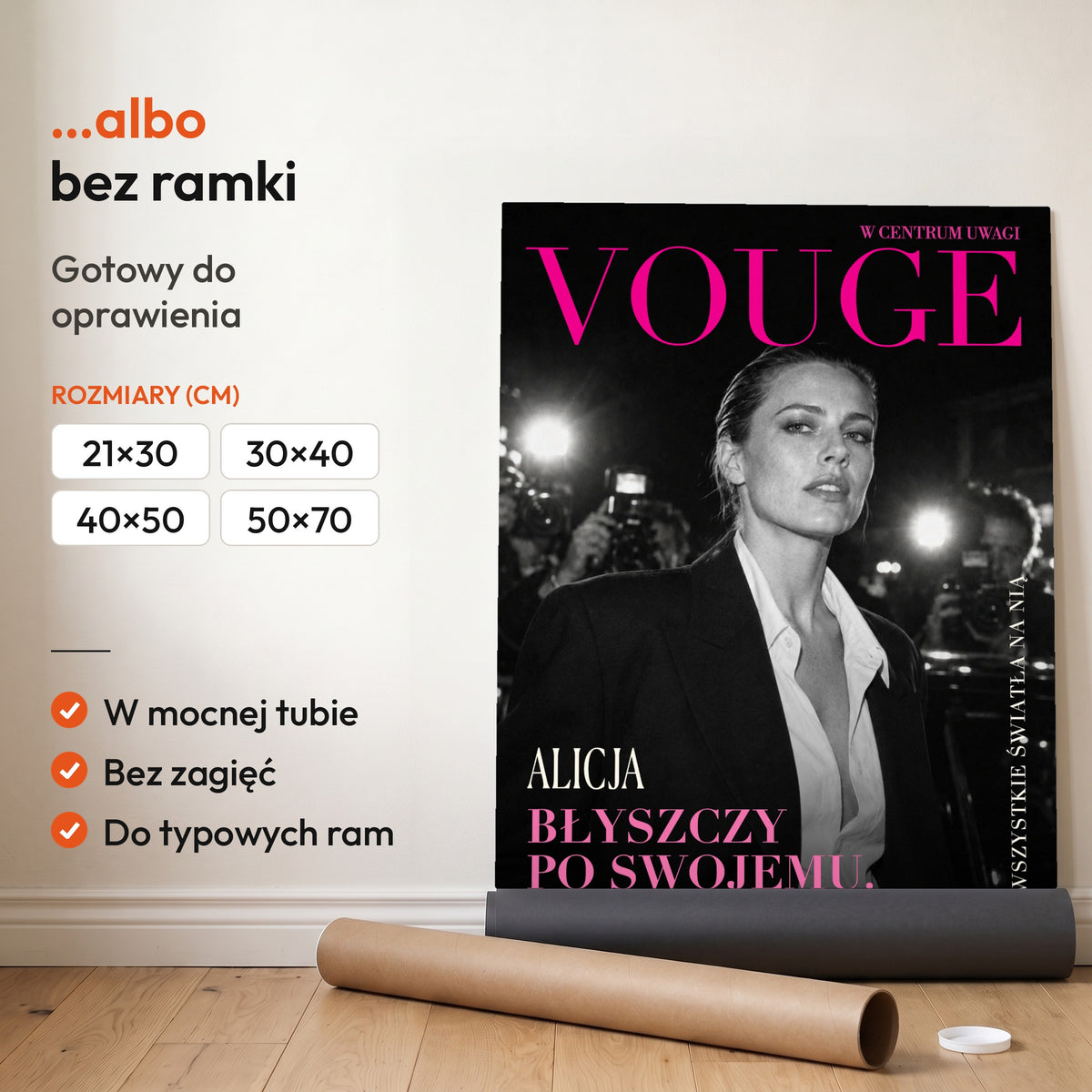Vouge — plakat bez ramki, gotowy do oprawienia: rozwinięty z rolki, obok tuba do wysyłki. C-PL-COVMAG-33-2130-NF