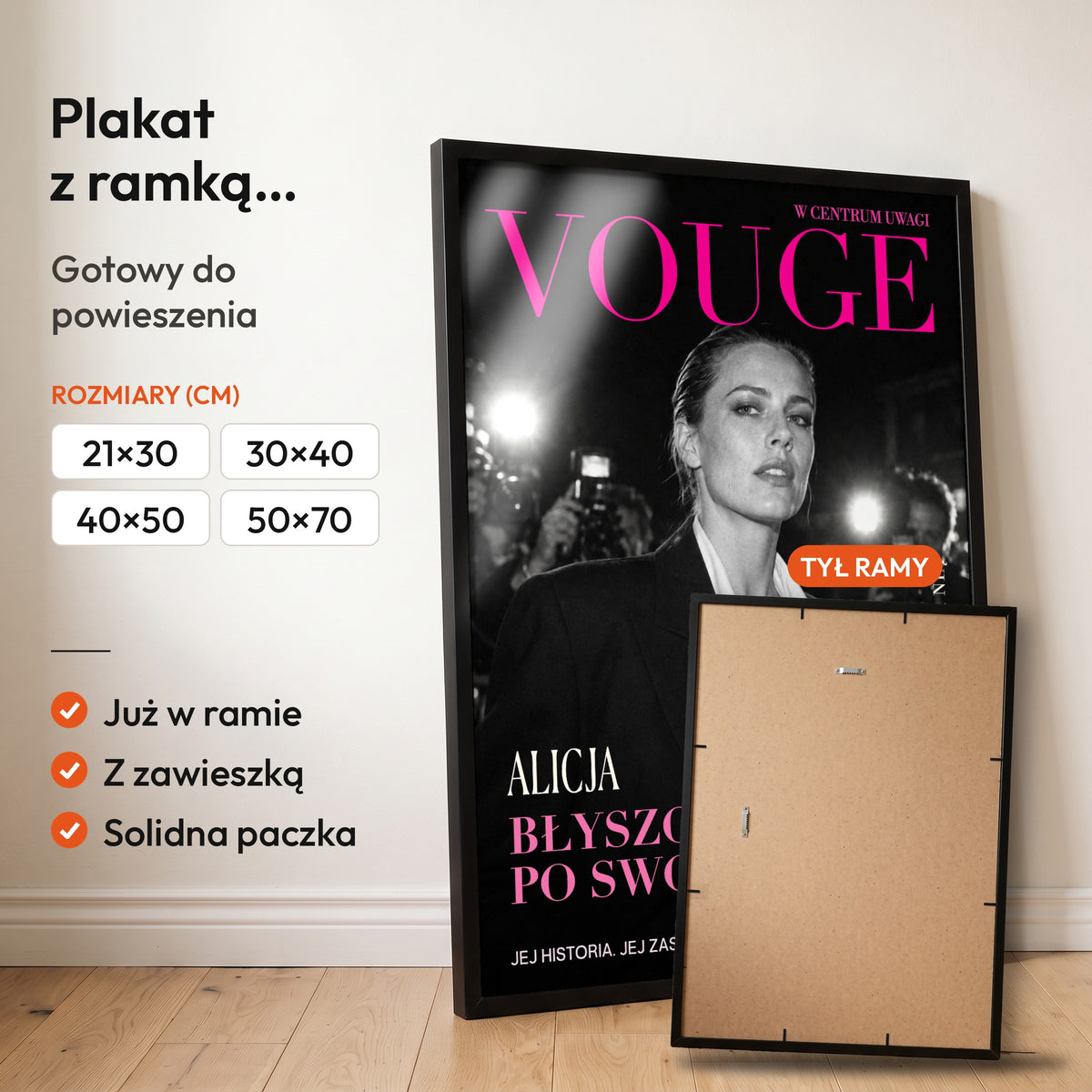Vouge — plakat z ramką, gotowy do powieszenia: czarna rama od przodu i tył ramy z zawieszką. C-PL-COVMAG-33-2130-NF
