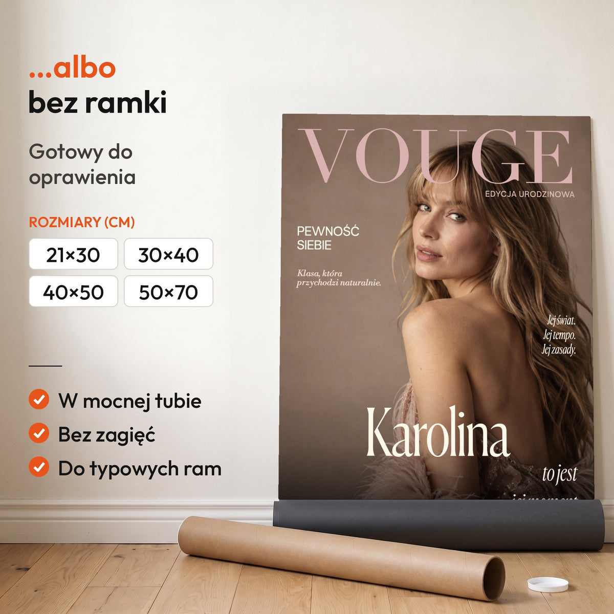 Vouge Jej Moment — plakat bez ramki, gotowy do oprawienia: rozwinięty z rolki, obok tuba do wysyłki. C-PL-COVMAG-32-2130-NF