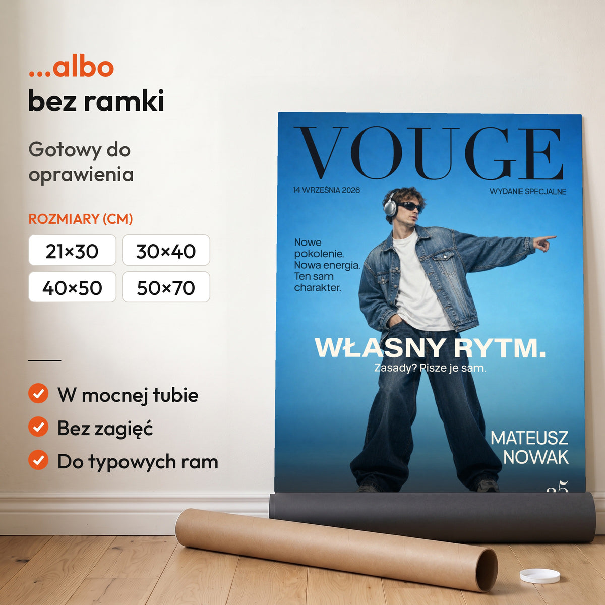 Vouge Własny Rytm — plakat bez ramki, gotowy do oprawienia: rozwinięty z rolki, obok tuba do wysyłki. C-PL-COVMAG-34-2130-NF