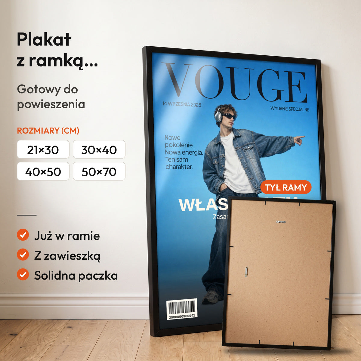 Vouge Własny Rytm — plakat z ramką, gotowy do powieszenia: czarna rama od przodu i tył ramy z zawieszką. C-PL-COVMAG-34-2130-NF