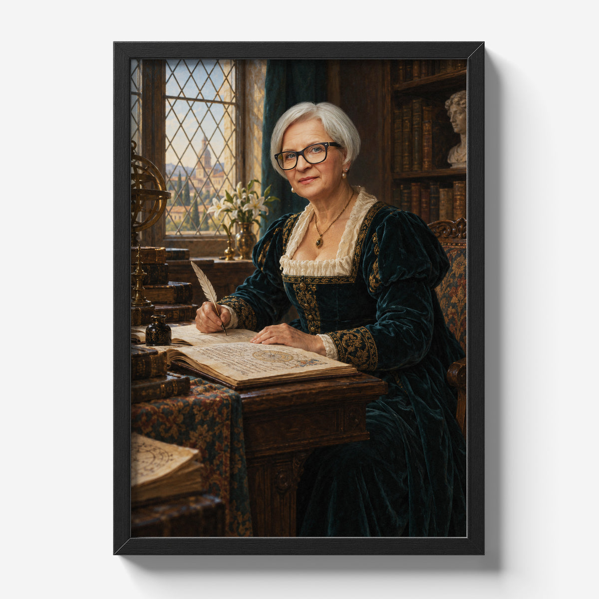 Renesansowa Uczona — plakat ze zdjęcia w czarnej ramie na jasnym tle, z portretem kobiety w zielonej sukni, z piórem i księgą przy bibliotecznym biurku.