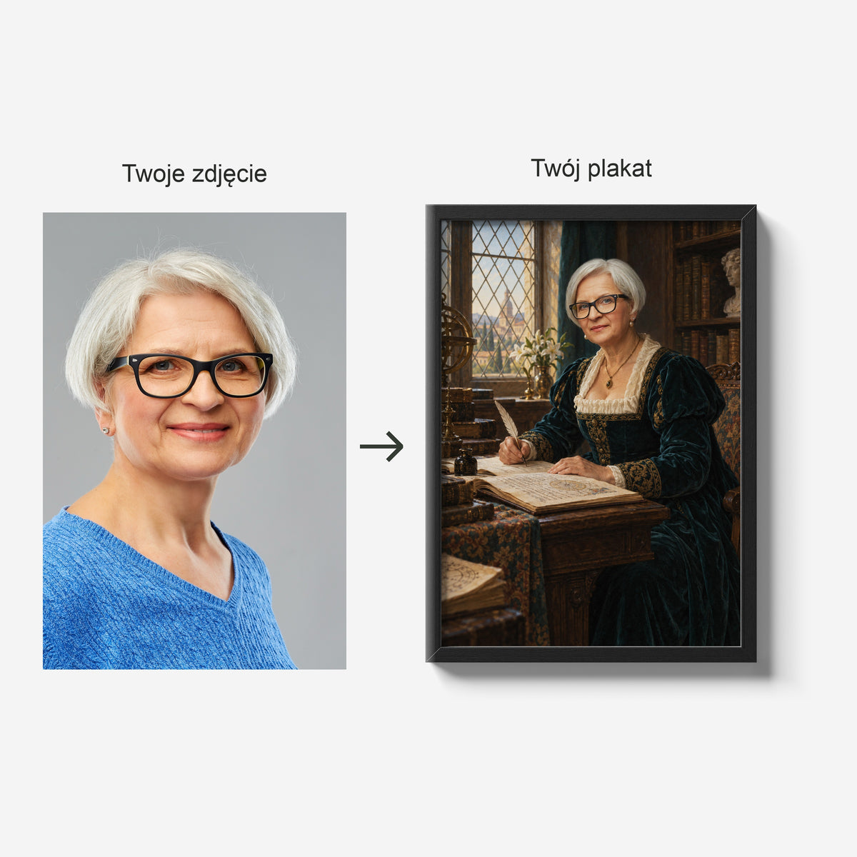 Renesansowa Uczona — zdjęcie źródłowe i gotowy plakat w czarnej ramie; porównanie tej samej osoby przed i po personalizacji. C-PL-ROY-24-2130-NF