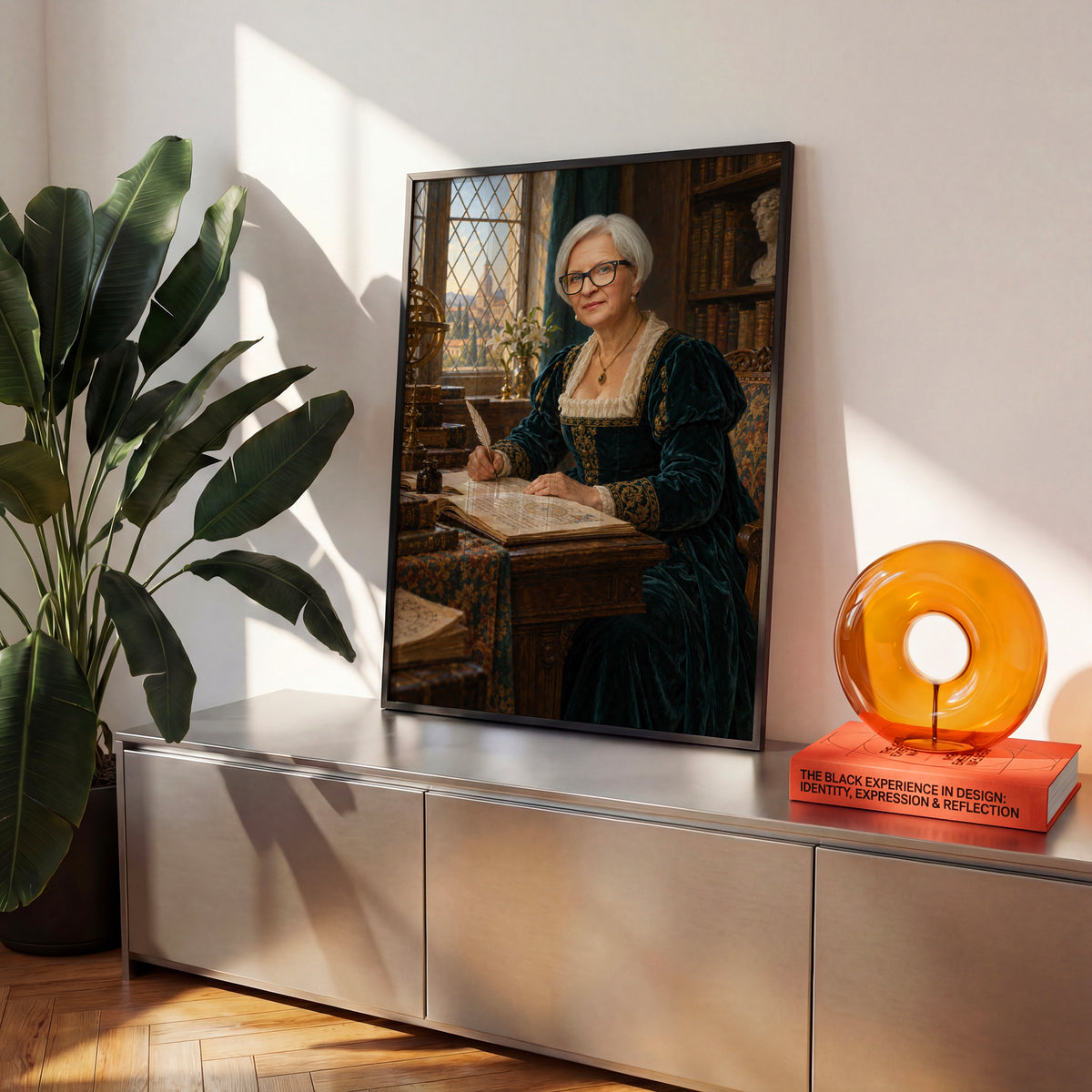 Renesansowa Uczona — plakat w czarnej ramie na komodzie we wnętrzu, z portretem kobiety w zielonej sukni, z piórem i księgą przy bibliotecznym biurku. C-PL-ROY-24-2130-NF