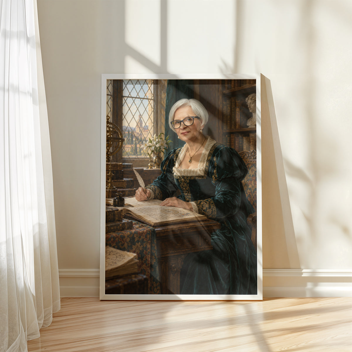 Renesansowa Uczona — plakat w białej ramie przy oknie, z portretem kobiety w zielonej sukni, z piórem i księgą przy bibliotecznym biurku. C-PL-ROY-24-2130-NF