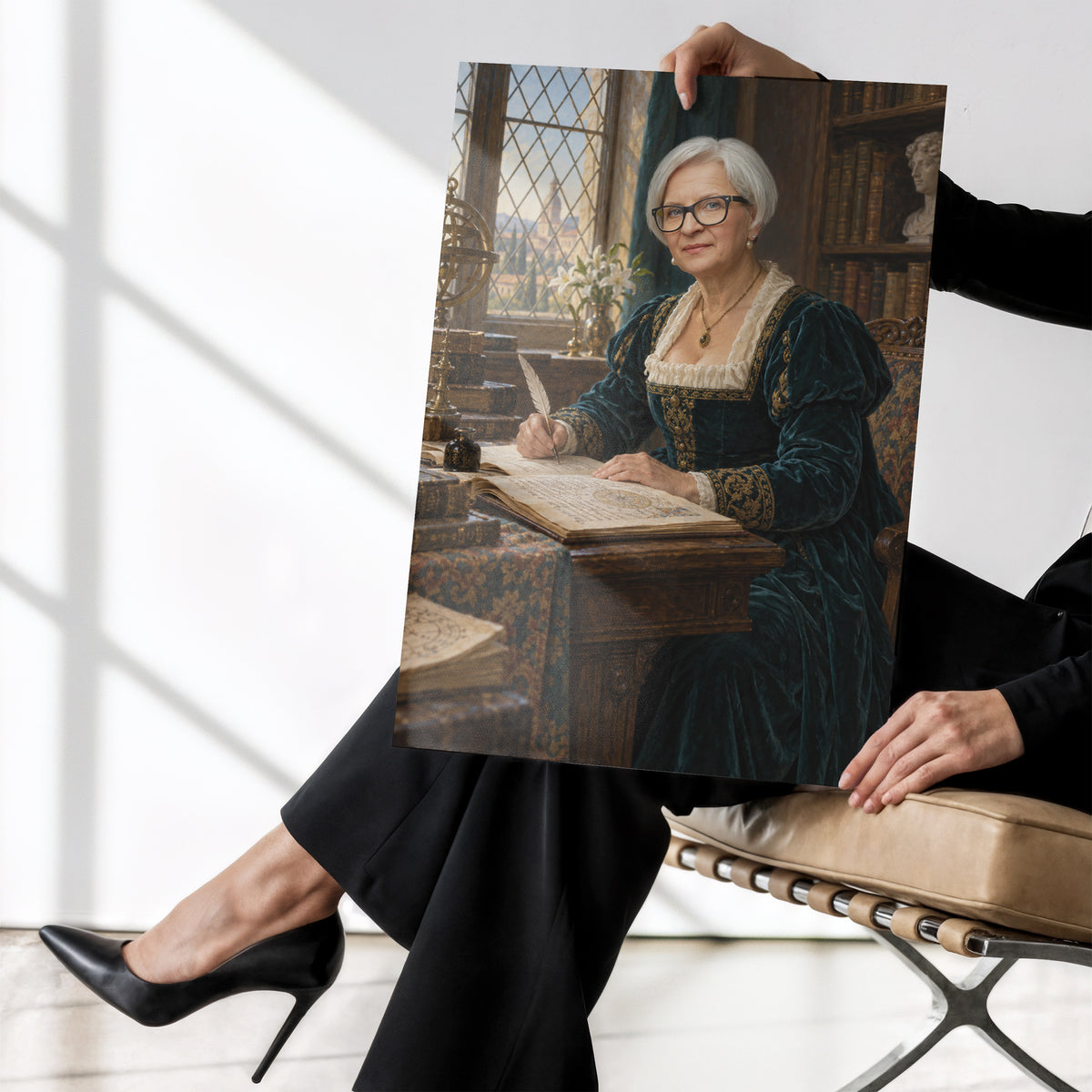 Renesansowa Uczona — plakat bez ramki trzymany w dłoniach, z portretem kobiety w zielonej sukni, z piórem i księgą przy bibliotecznym biurku. C-PL-ROY-24-2130-NF