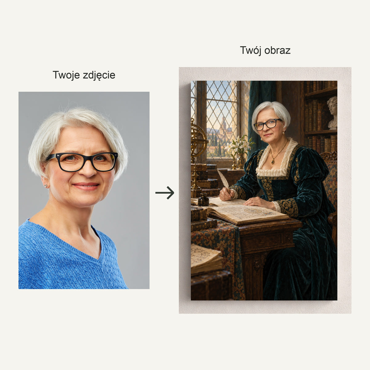 Renesansowa uczona — fotografia źródłowa i rzeczywisty portret ze zdjęcia na płótnie, pokazane obok siebie ze strzałką przed i po. C-CV-ROY-24-2030