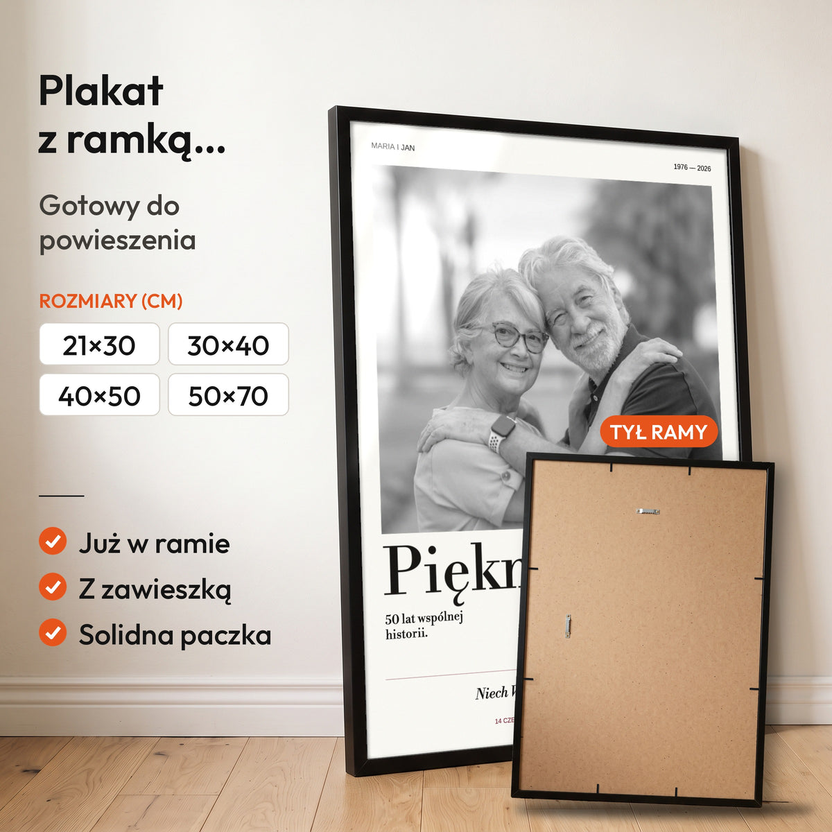 Pięknie Razem — plakat z ramką, gotowy do powieszenia: czarna rama od przodu i tył ramy z zawieszką. C-PL-HEART-33-2130-NF