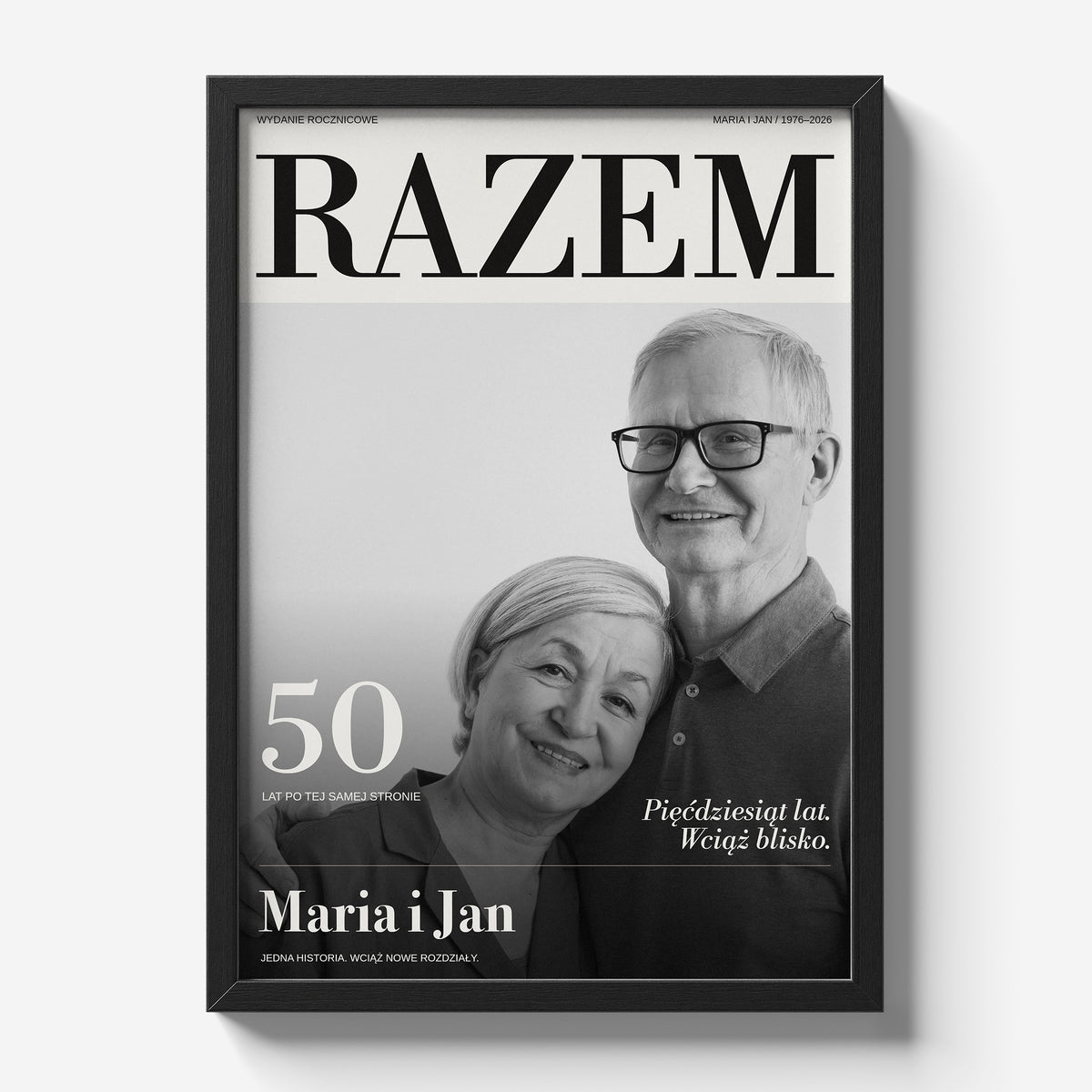 Personalizowany plakat RAZEM — Rocznica na rocznicę ślubu w czarnej ramce — główne zdjęcie