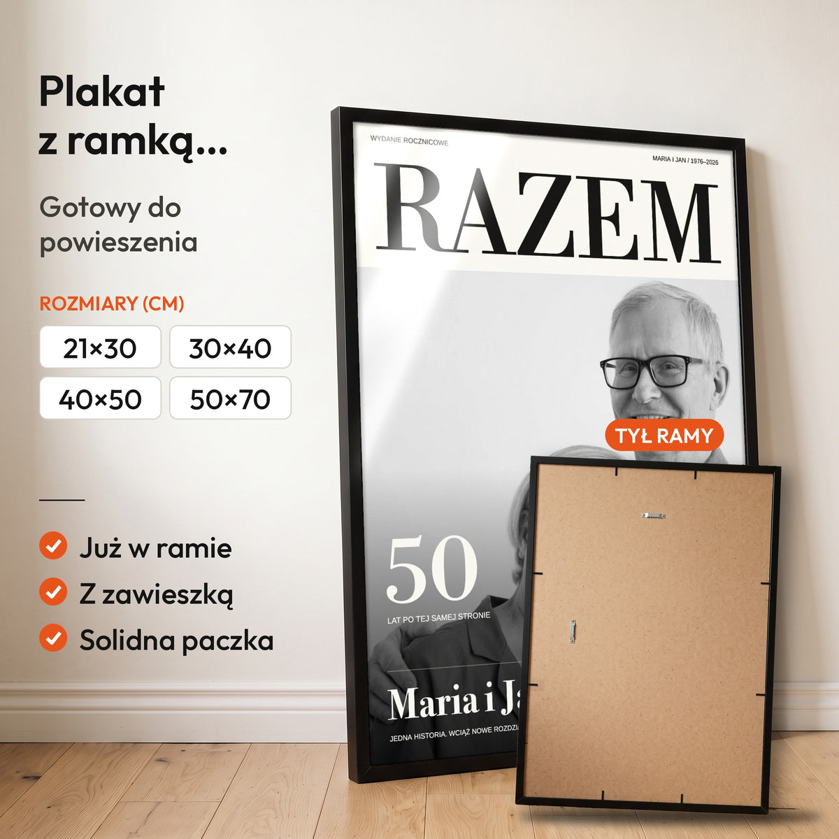 RAZEM — plakat z ramką, gotowy do powieszenia: czarna rama od przodu i tył ramy z zawieszką. C-PL-HEART-32-2130-NF