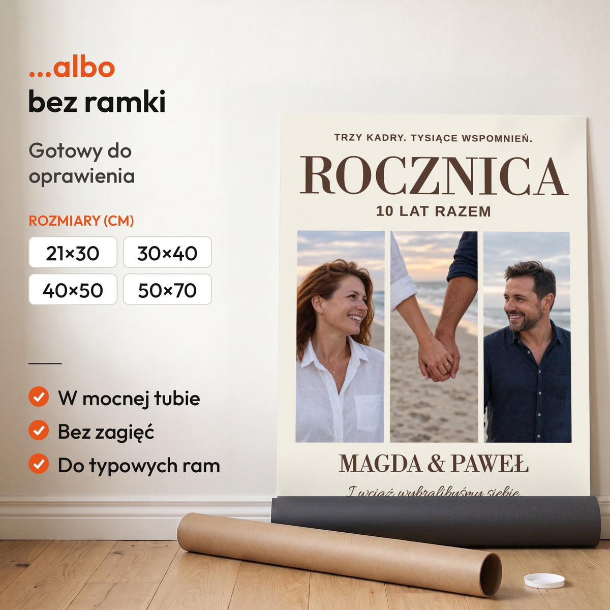Tryptyk Rocznicowy — plakat bez ramki, gotowy do oprawienia: rozwinięty z rolki, obok tuba do wysyłki. C-PL-HEART-29-2130-NF
