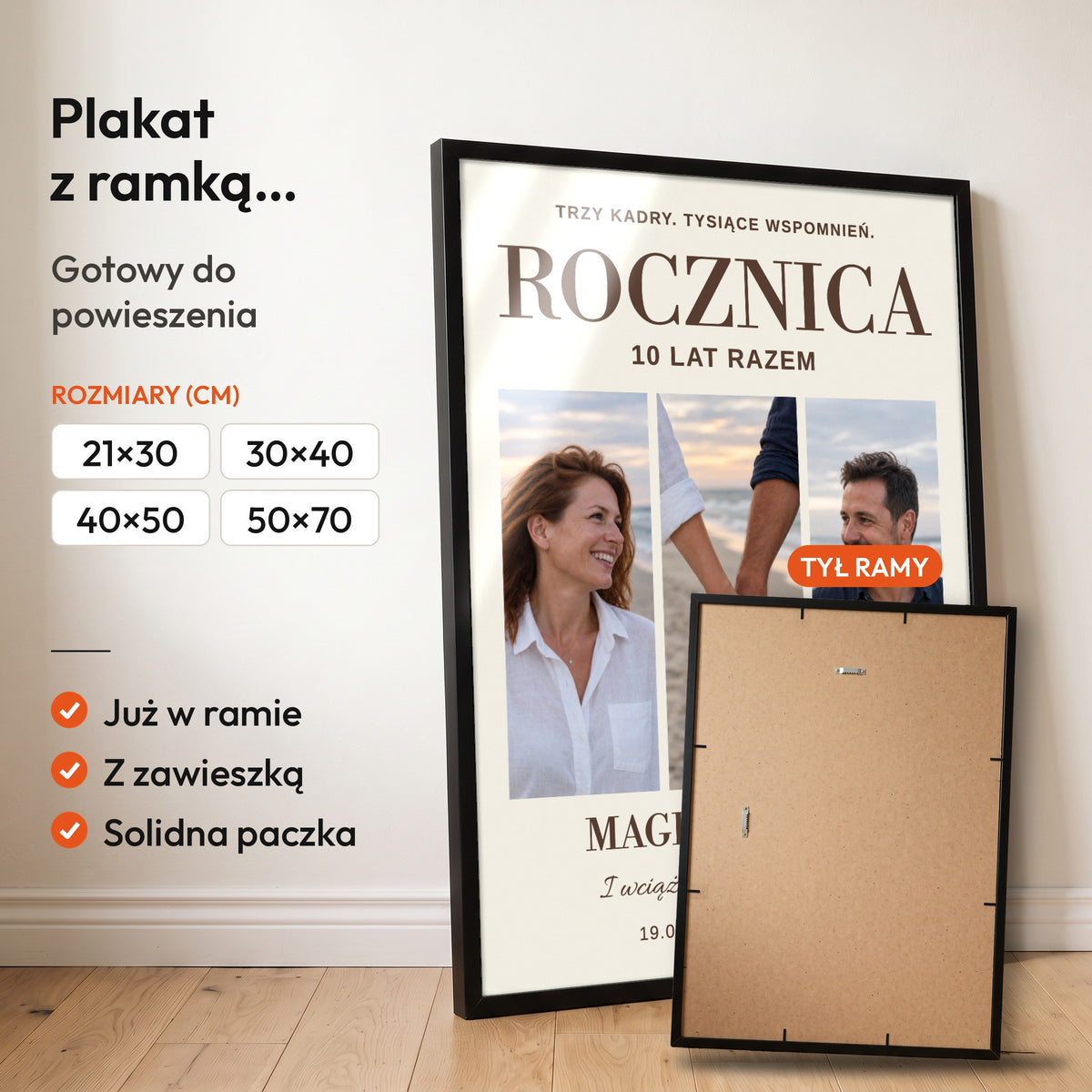 Tryptyk Rocznicowy — plakat z ramką, gotowy do powieszenia: czarna rama od przodu i tył ramy z zawieszką. C-PL-HEART-29-2130-NF