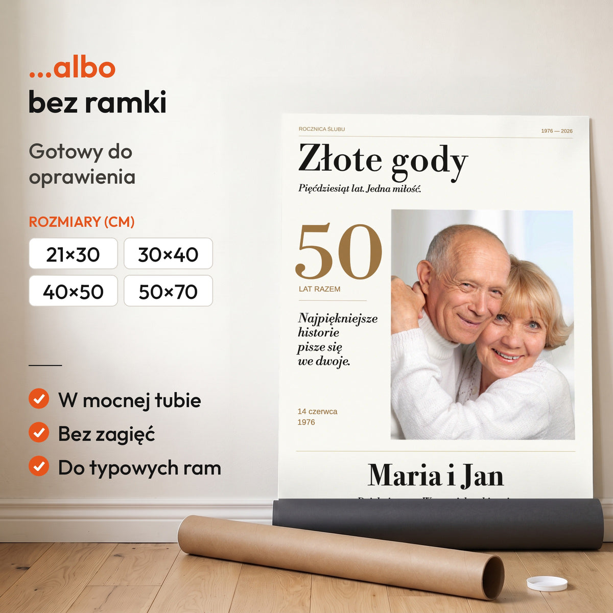 Złote Gody — plakat bez ramki, gotowy do oprawienia: rozwinięty z rolki, obok tuba do wysyłki. C-PL-HEART-31-2130-NF