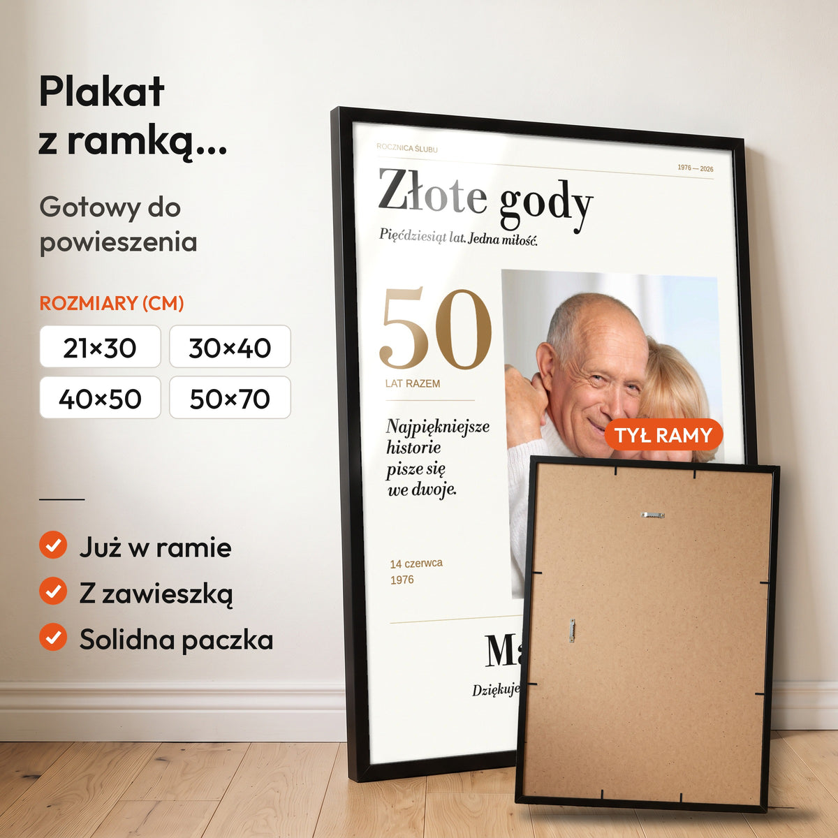 Złote Gody — plakat z ramką, gotowy do powieszenia: czarna rama od przodu i tył ramy z zawieszką. C-PL-HEART-31-2130-NF