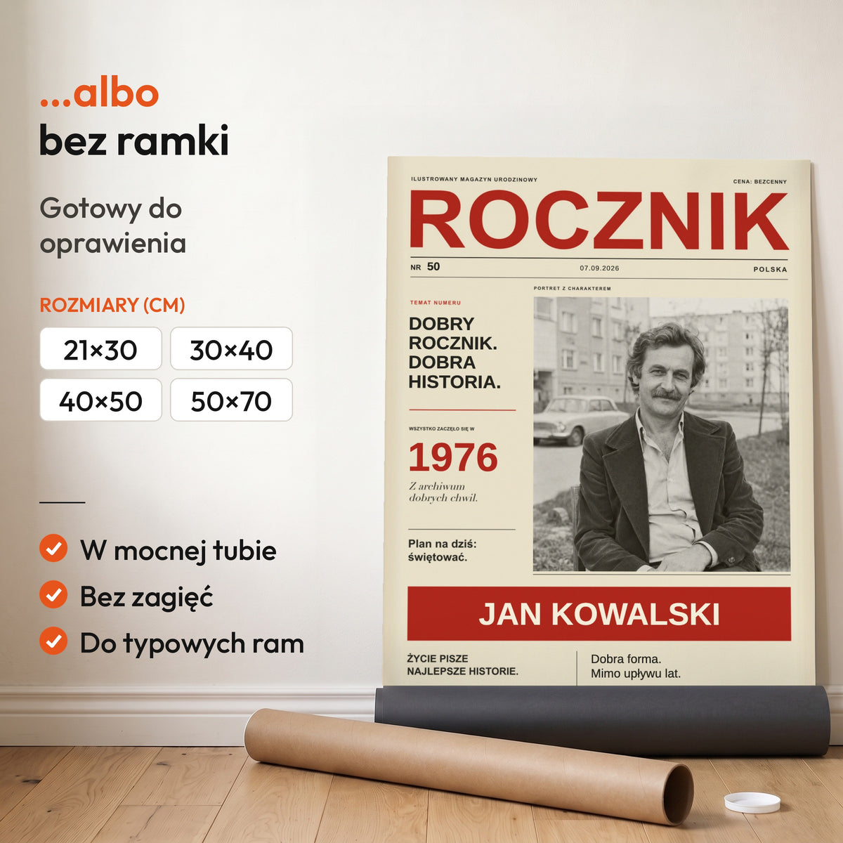 ROCZNIK — plakat bez ramki, gotowy do oprawienia: rozwinięty z rolki, obok tuba do wysyłki. C-PL-COVMAG-6-2130-NF