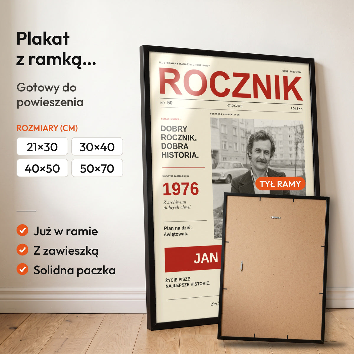 ROCZNIK — plakat z ramką, gotowy do powieszenia: czarna rama od przodu i tył ramy z zawieszką. C-PL-COVMAG-6-2130-NF