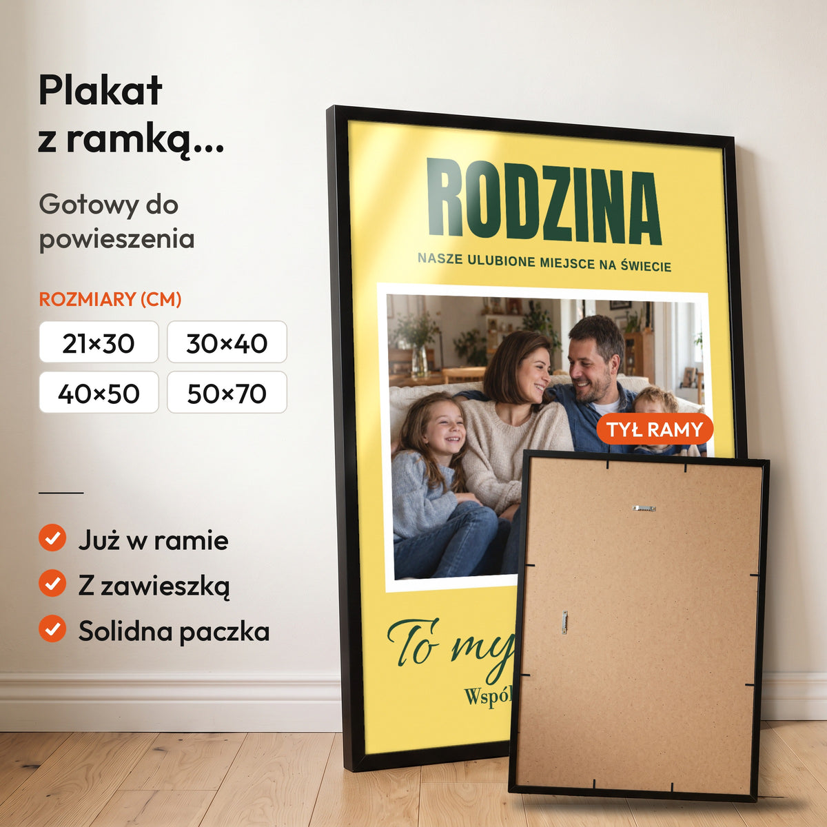 TO MY — plakat z ramką, gotowy do powieszenia: czarna rama od przodu i tył ramy z zawieszką. C-PL-HEART-25-2130-NF