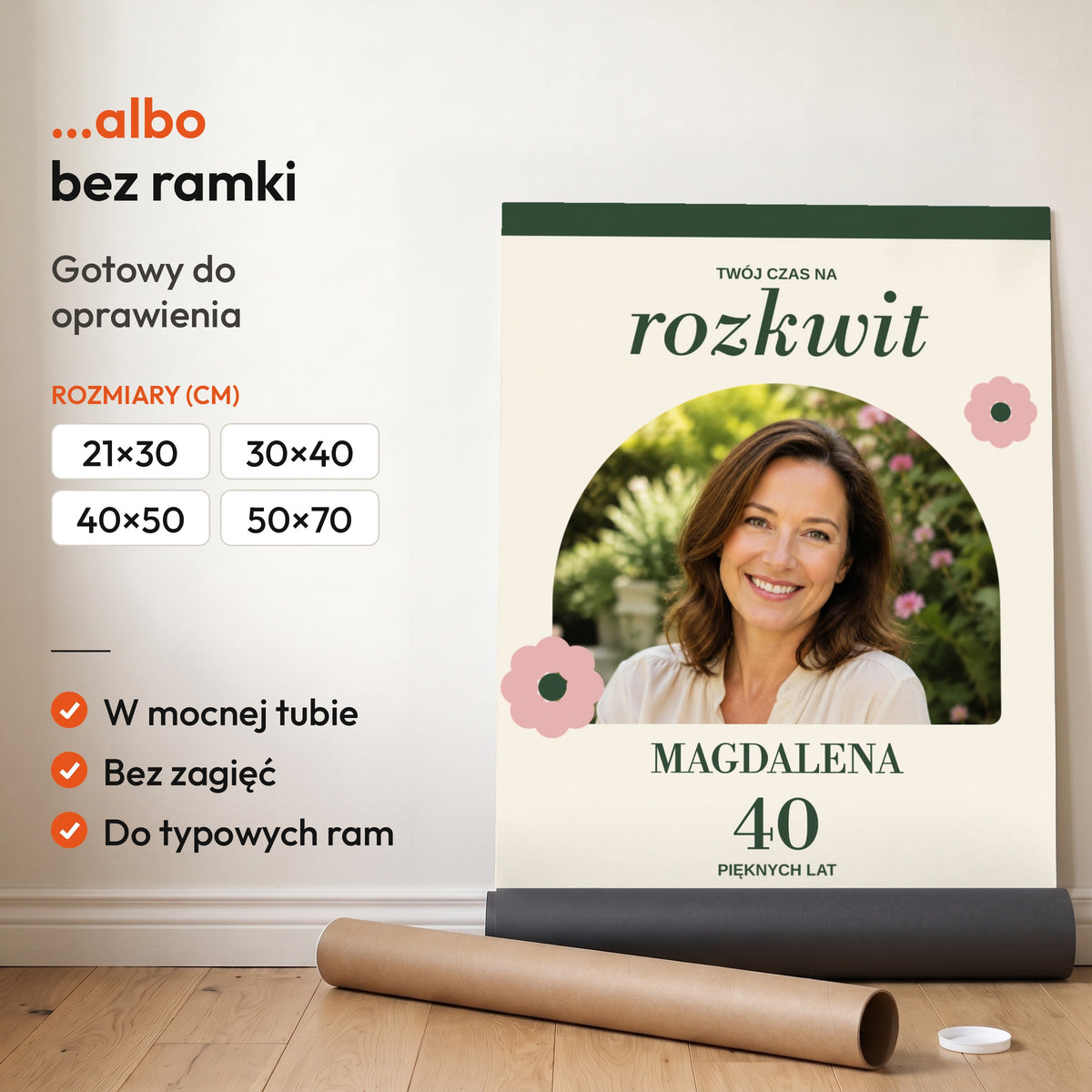ROZKWIT — plakat bez ramki, gotowy do oprawienia: rozwinięty z rolki, obok tuba do wysyłki. C-PL-URODZ-40-3-2130-NF
